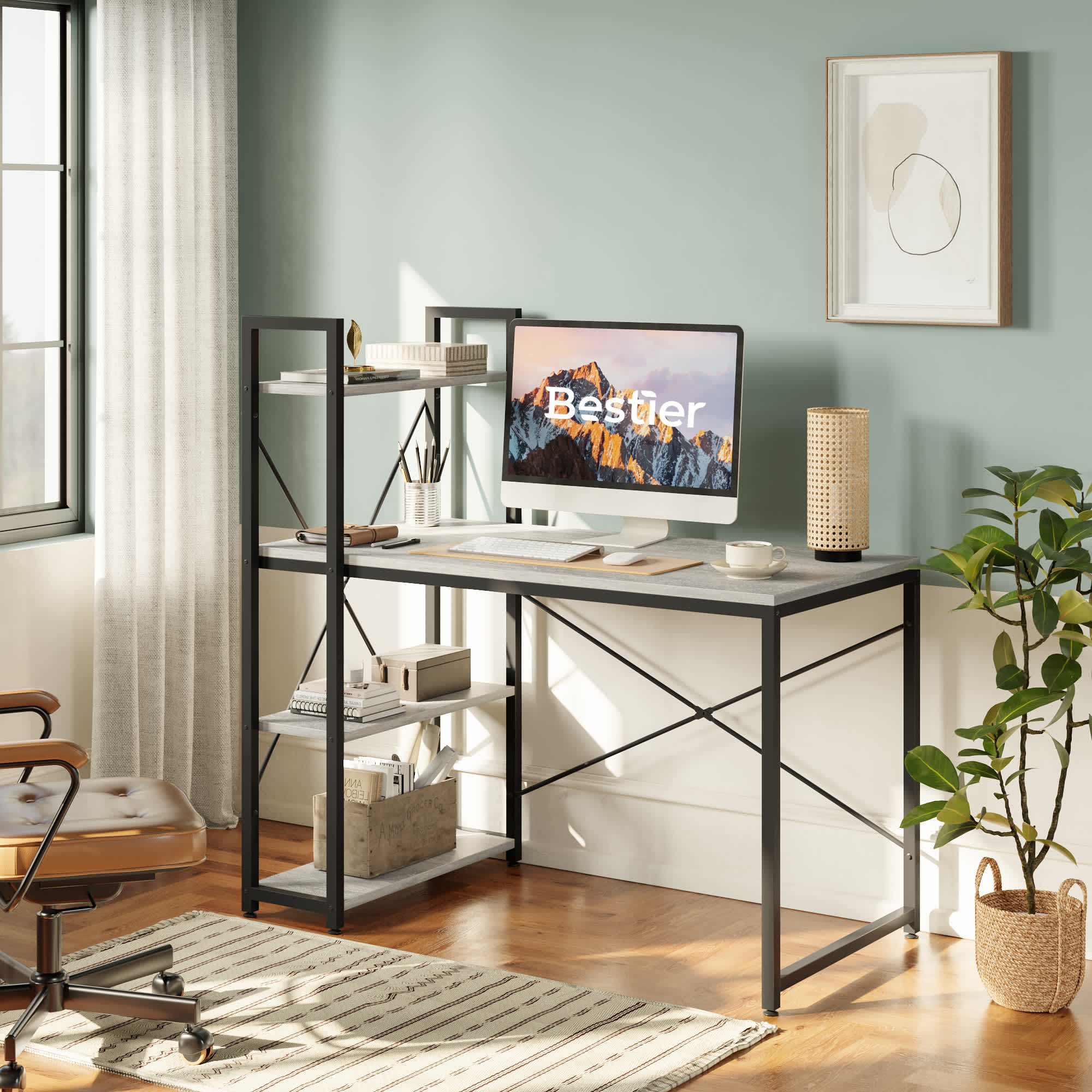 Bestier LOW-T32W 47.24-in W 4-Shelf Gray Computer Desk