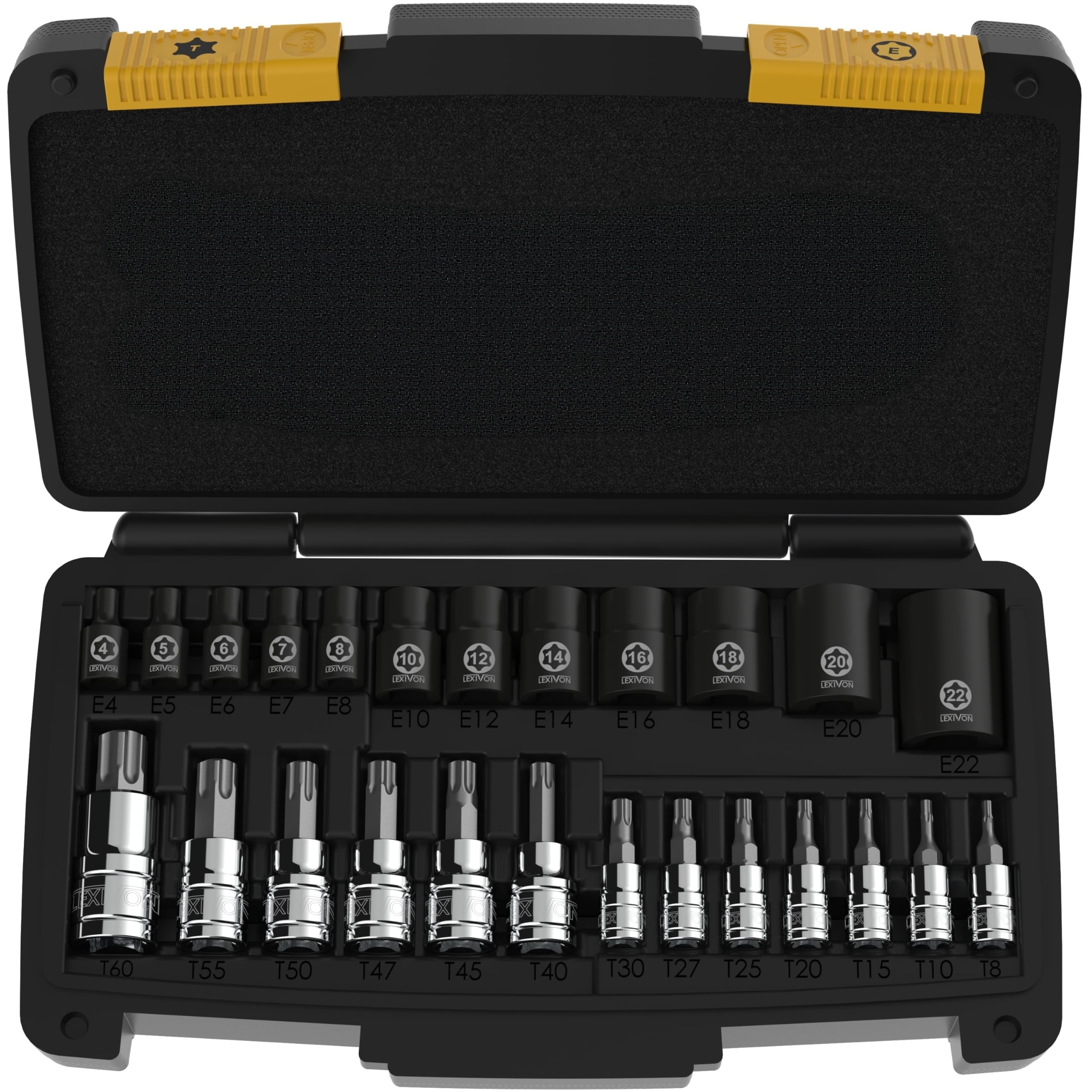 25 Piece Torx Bit and Socket Set S2 Alloy and Cr V Steel T8 T60 Bit Socket E Torx E4 E22 with Heavy Duty Storage Case #LS14L8O