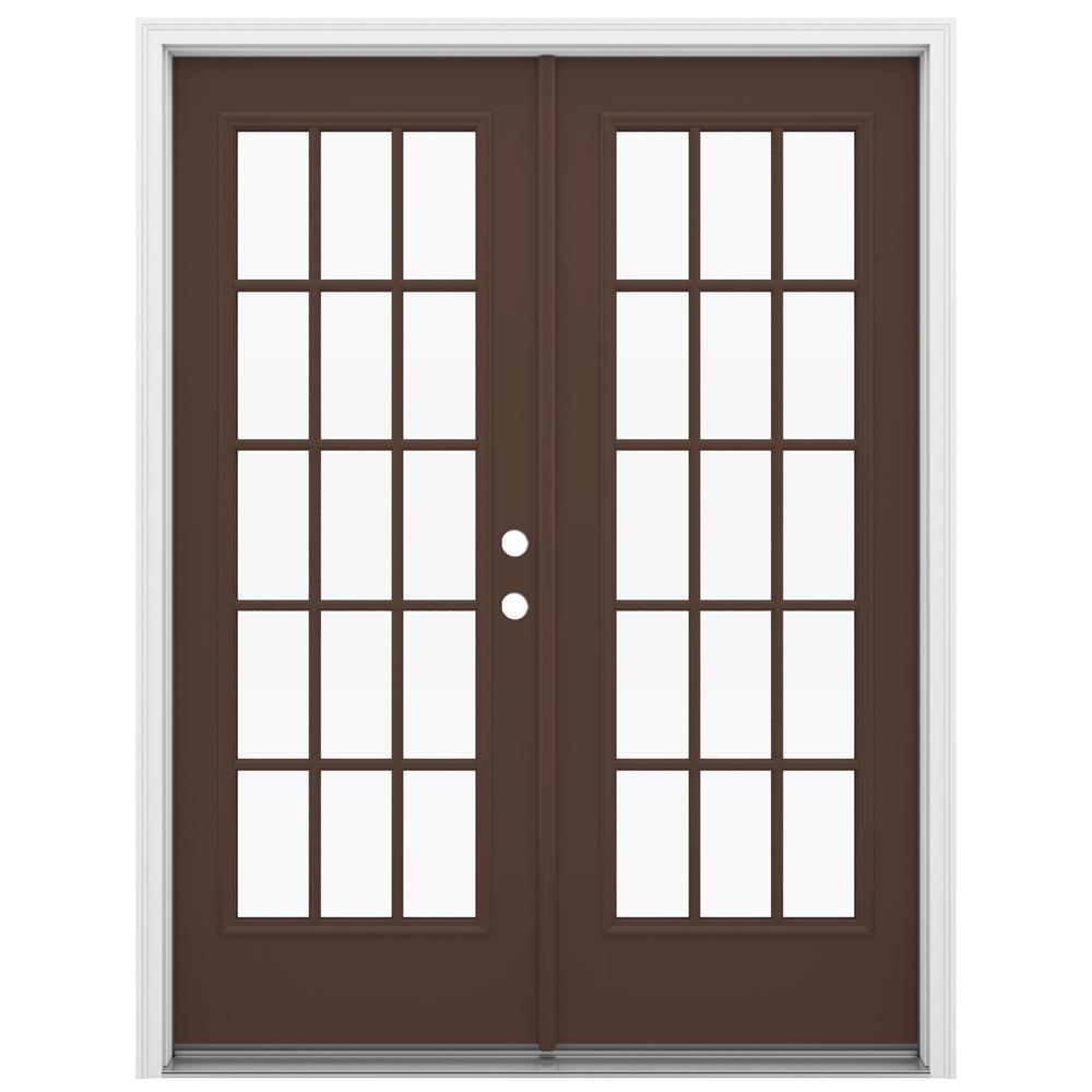 JELD-WEN LOWOLJW184100015 F-3500 60-in x 80-in x 4-9/16-in Jamb Low-E External grilles , Dark Chocolate Fiberglass Left-hand inswing French Double Patio Door Brickmould Included