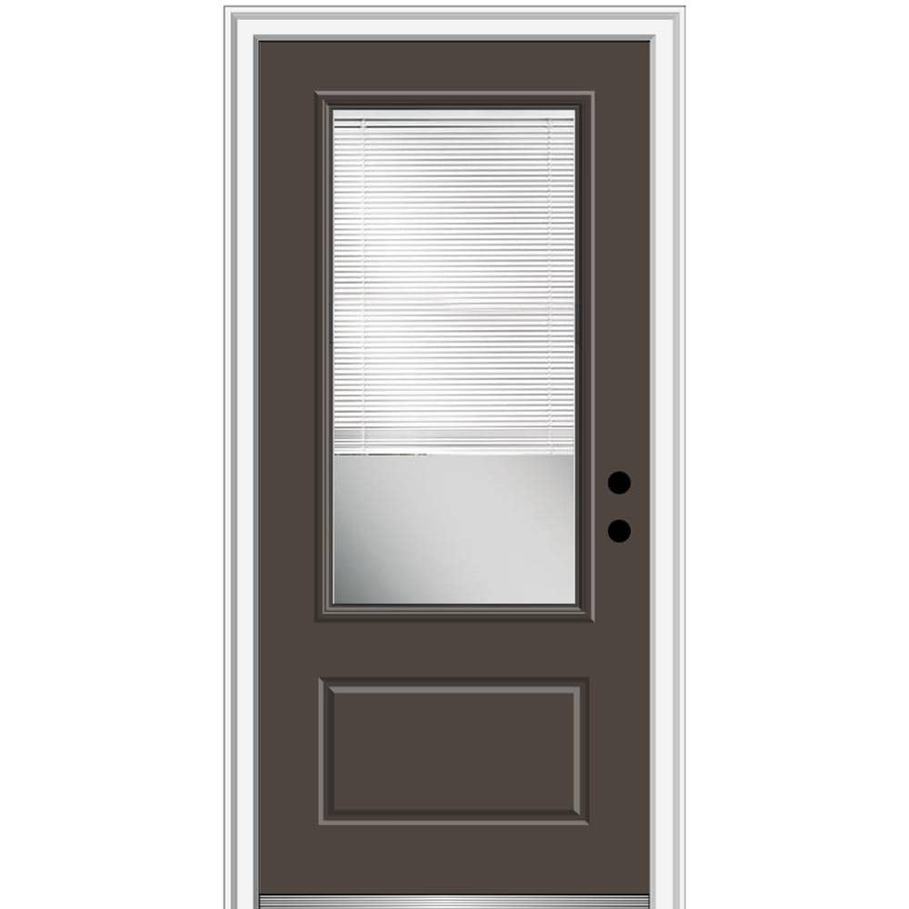 MMI DOOR ZZ07845L 36-in x 80-in x 4-9/16-in Fiberglass 3/4 lite Left-hand inswing Brown Painted Prehung Front Door with Brickmould Insulating core with Blinds