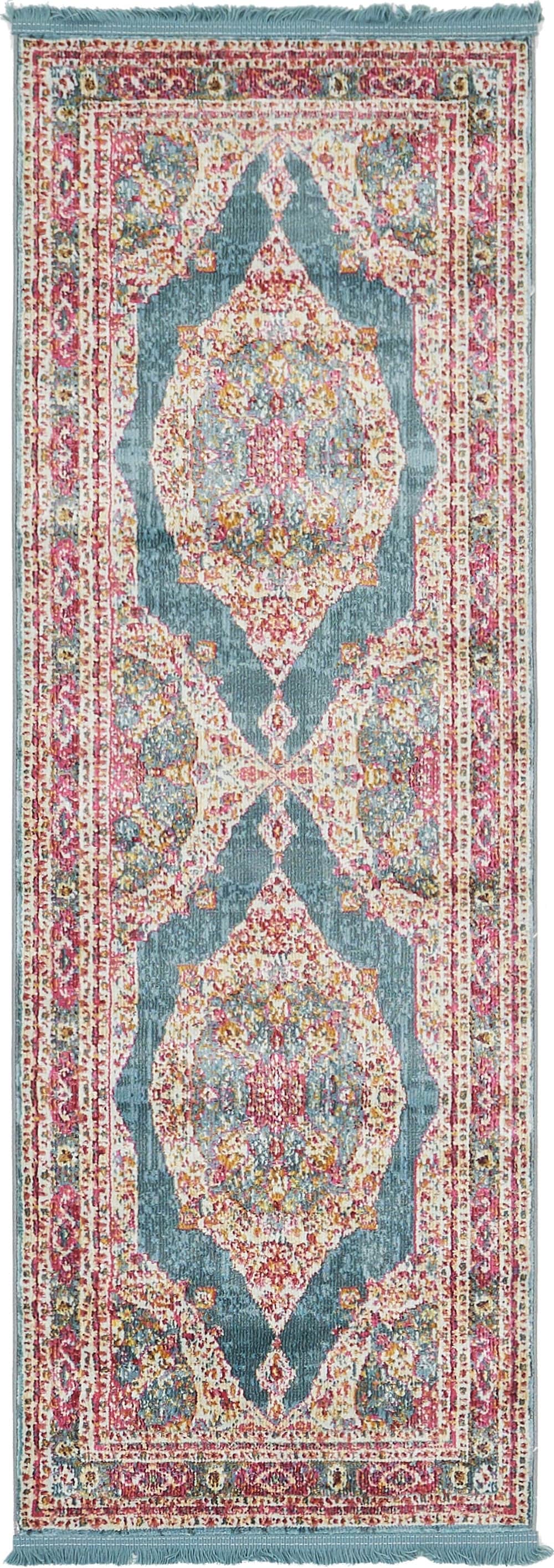 Unique Loom 3139742 Regla Baracoa 2 x 6 (ft) Loomed Polypropylene Turquoise/Ivory Rectangular Indoor Medallion Runner rug