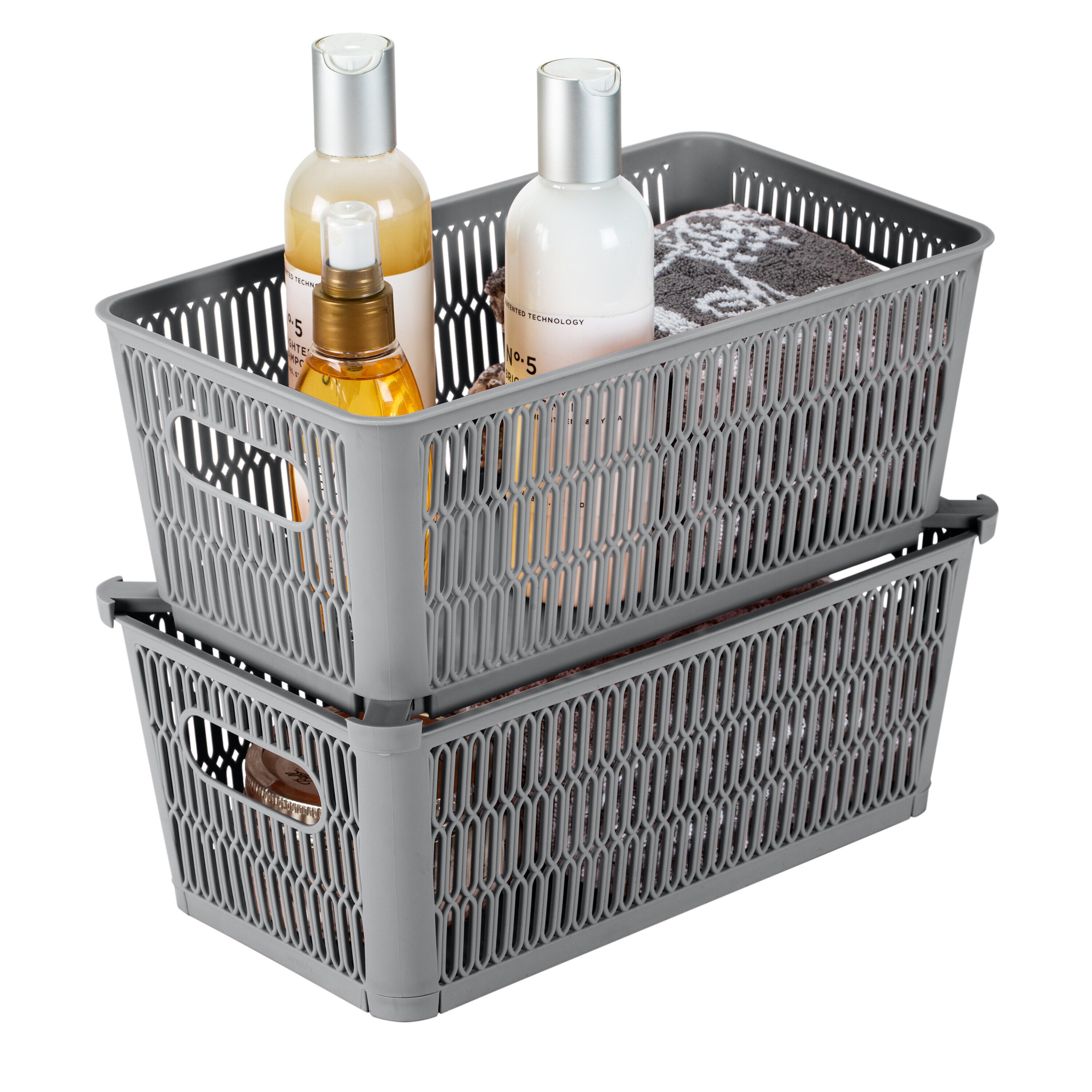 Small Gray Stackable Plastic Storage Tote Baskets, Set of 2