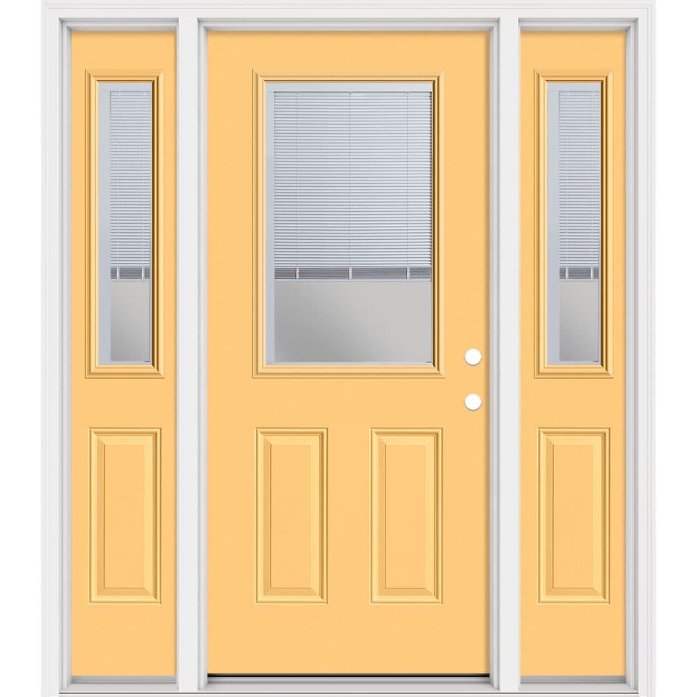 Masonite 321491 Steel Doors Series 64-in x 80-in x 4-9/16-in Steel Half lite Left-hand inswing Cabana Yellow Painted Prehung Front Door with Sidelights with Brickmould Insulating core
