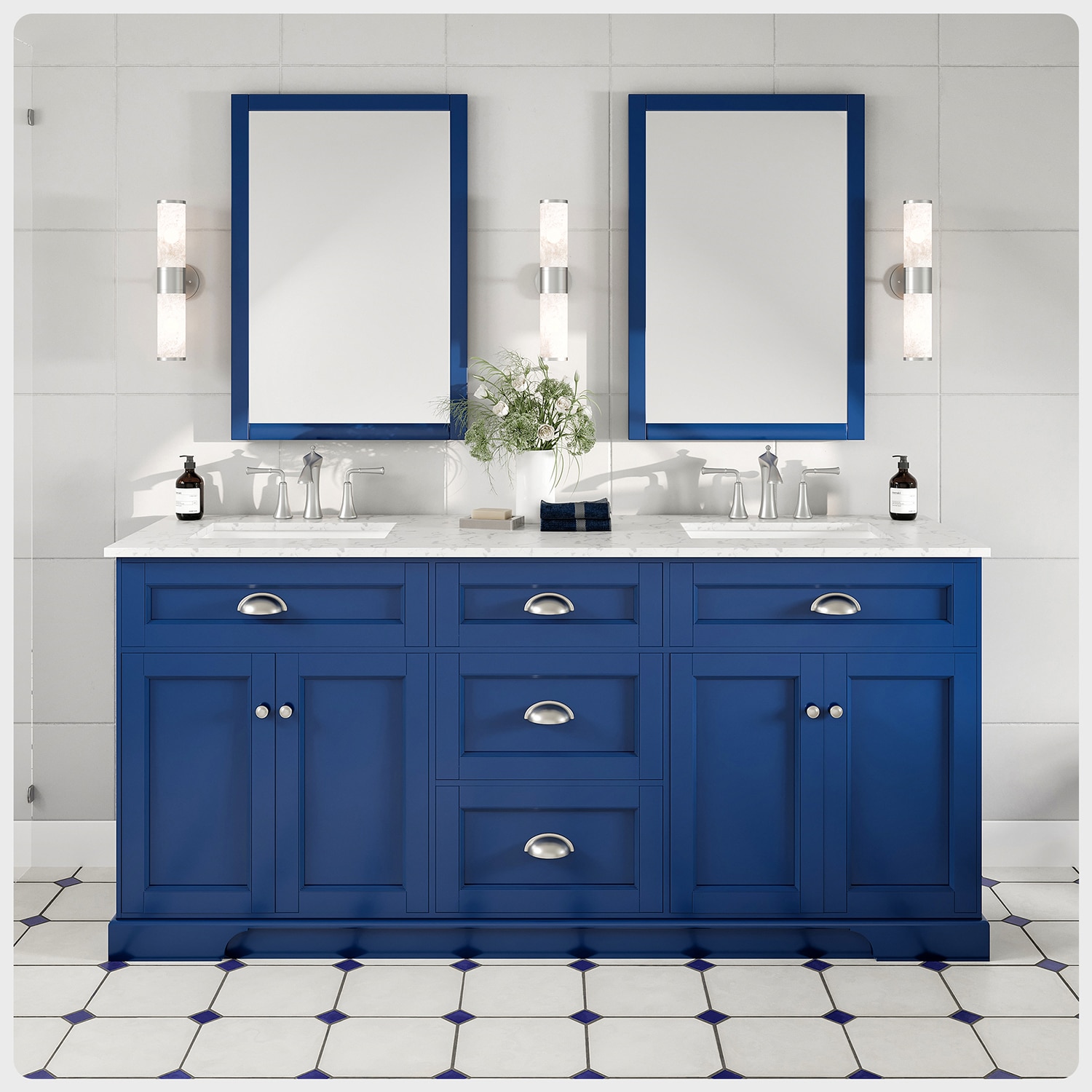 Eviva Navy 36 Deep Blue Transitional Bathroom Vanity w/ White Carrara