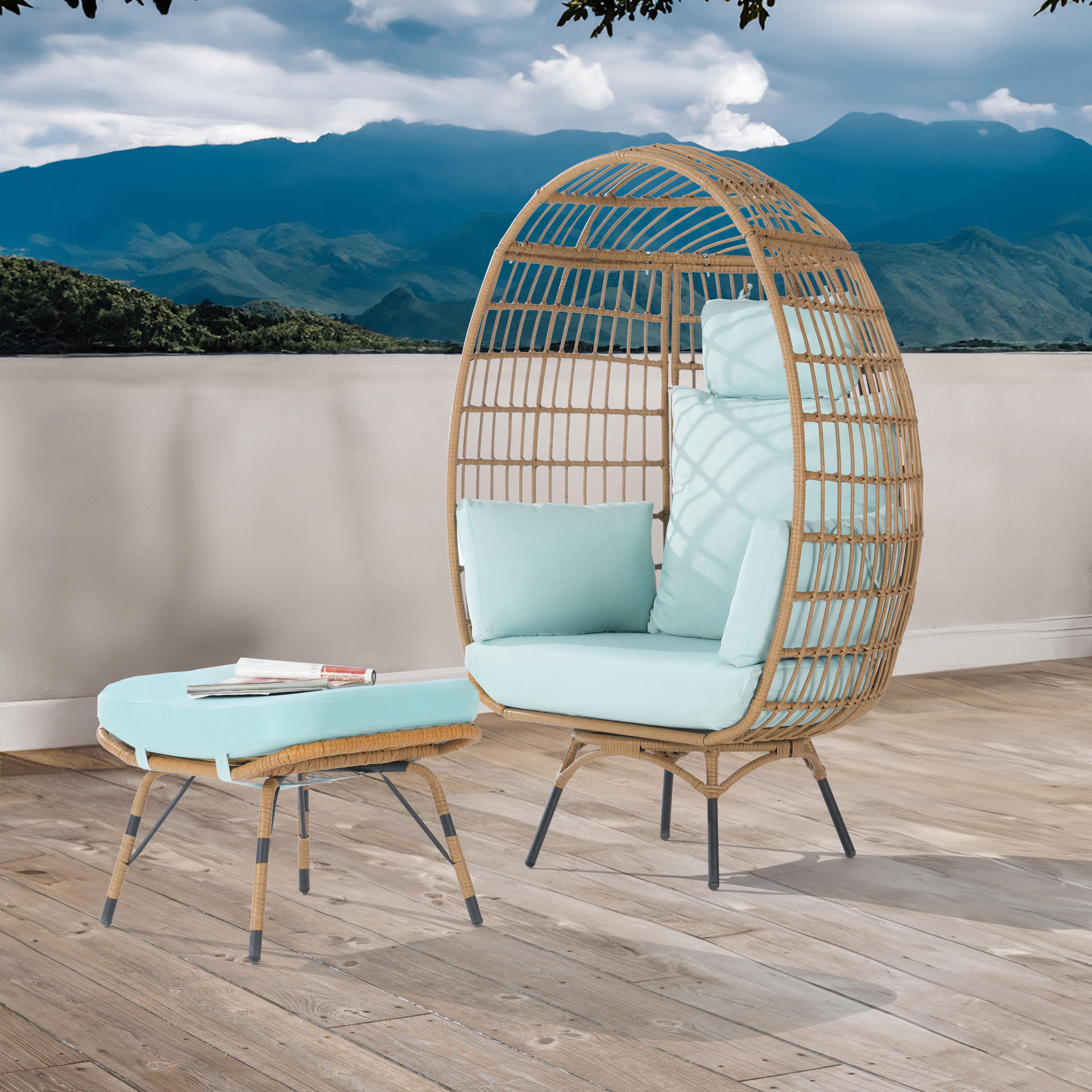 SANSTAR L-RJDC64TF-AD 2 -Piece Wicker Patio Conversation Set with Blue Cushions