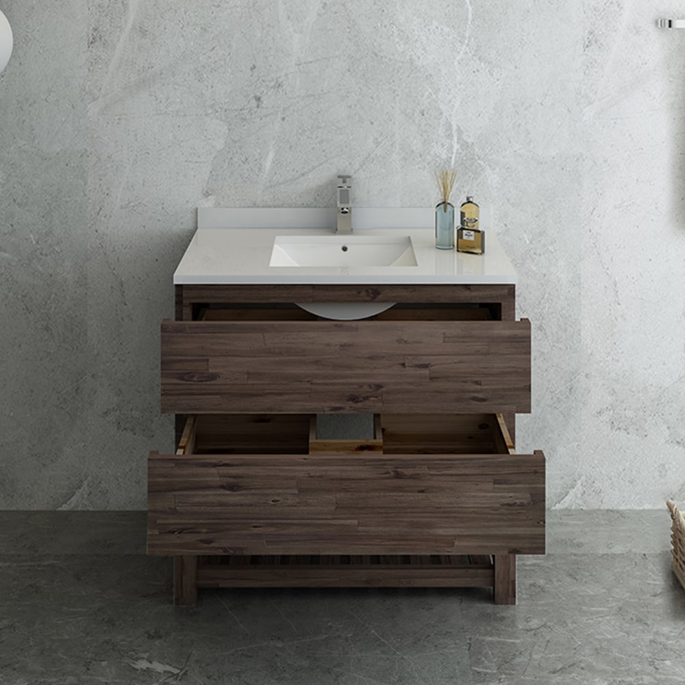 Elegant Acacia Wood 36" Vanity with Quartz Top and Open Shelf