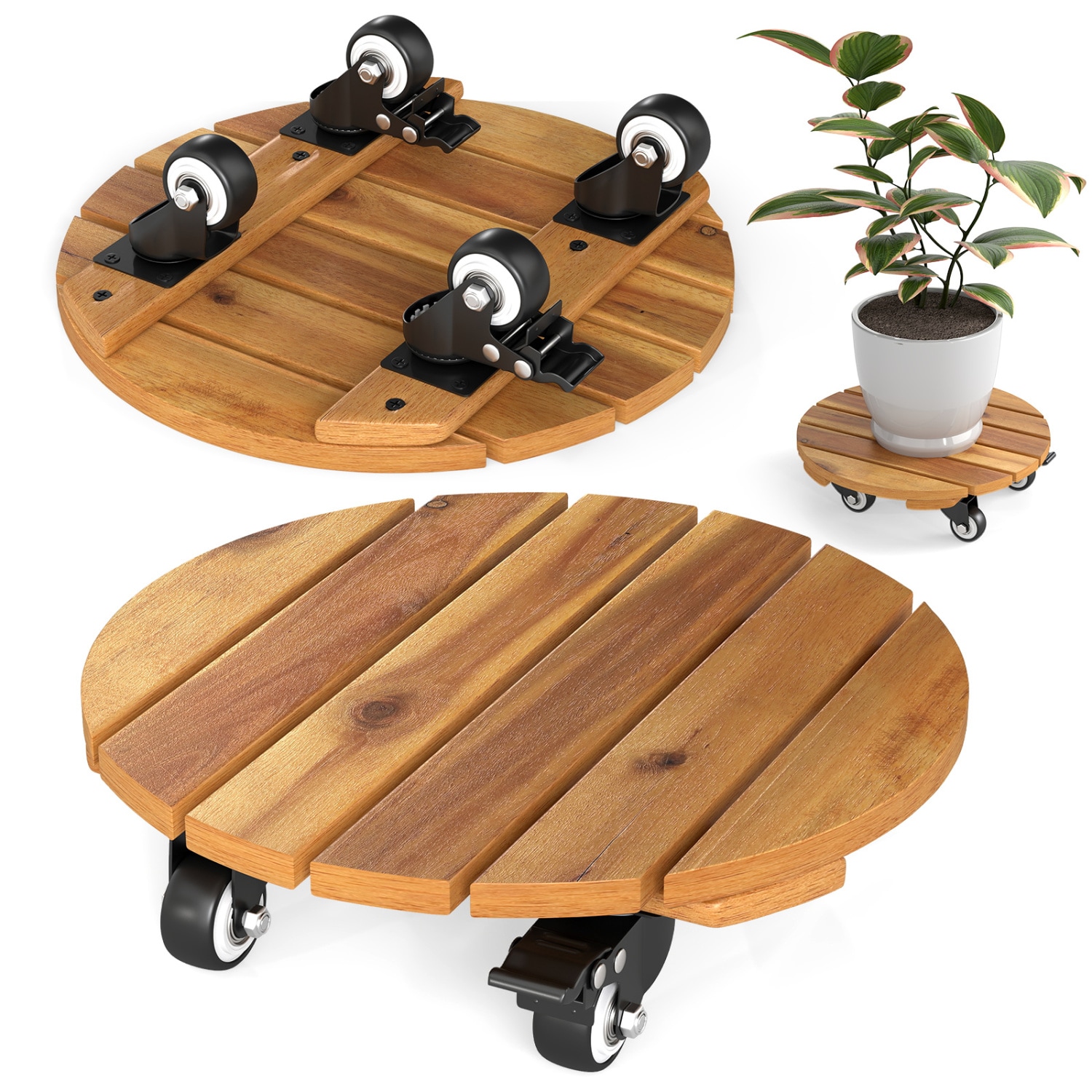 Volenca Set of 2 Acacia Wood Rolling Plant Stand Caddies with 360-Degree Lockable Casters 175-lb Capacity