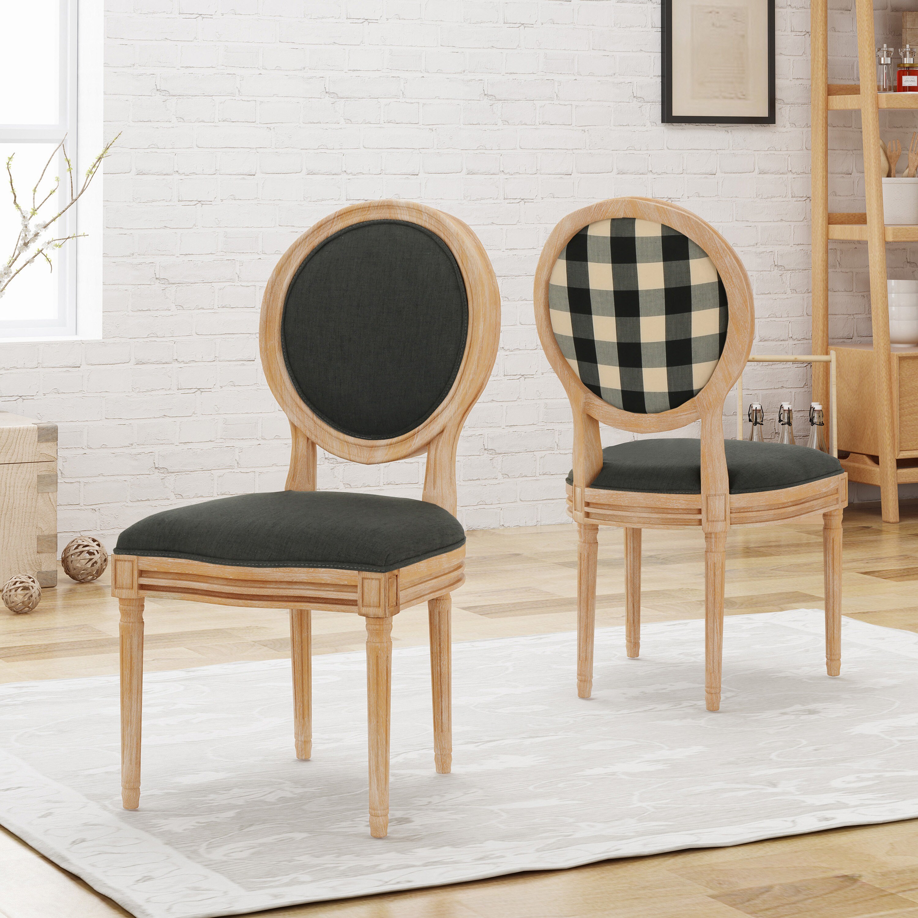 Christopher Knight Home Phinnaeus Upholstered Farmhouse Dining Chairs Black Checkerboard and Dark Gray Set of 2