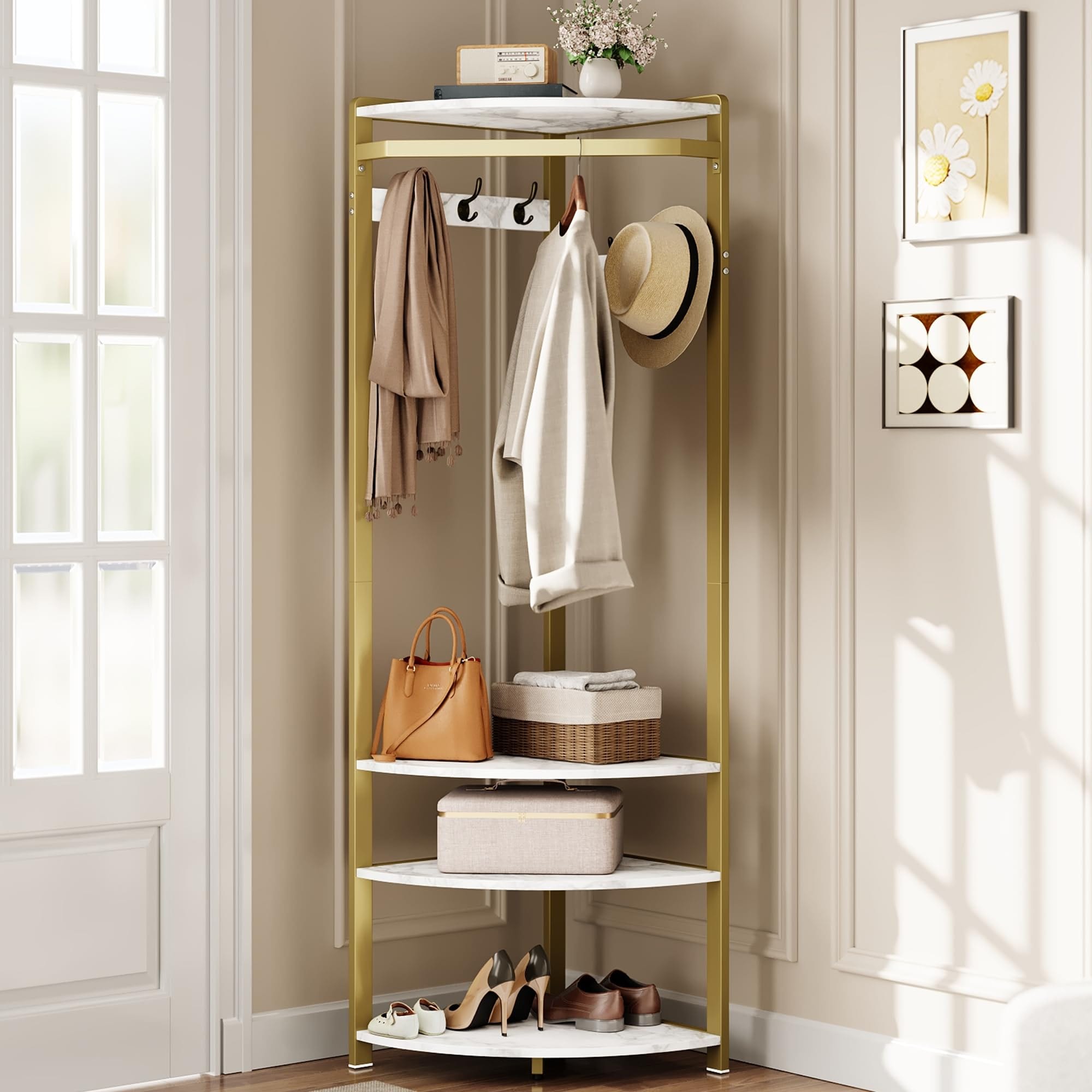 Garvee Corner Hall Tree with Shoe Bench and 6 Double Hooks Space Saving Entryway Corner Coat Rack with Storage Organizer and Shelf Multi Functional Hallway Storage Tree for Entryway Hallway White and Gold