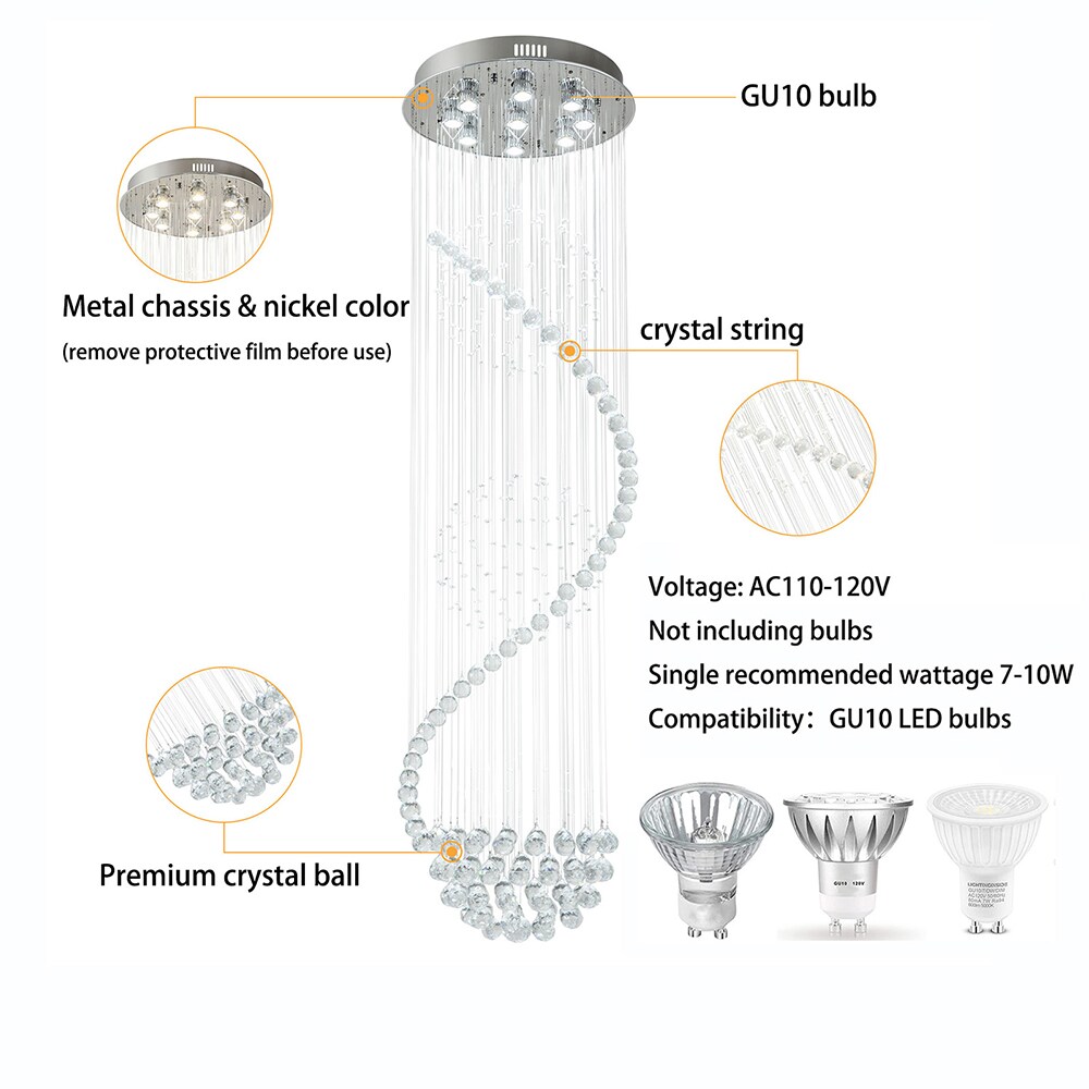 Oukaning 9-Light Modern Silver Spiral Luxury K9 Rain Drop Crystal 