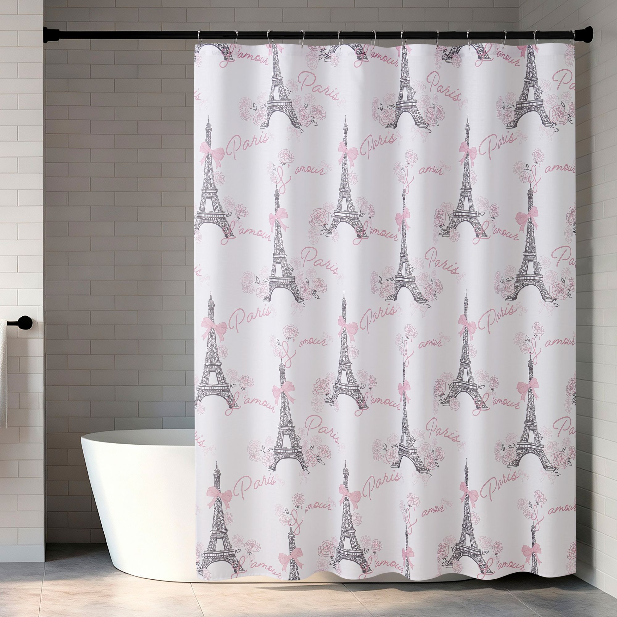 CREATIVE HOME IDEAS CHI Eiffel Tower Roses and Bows 70 in  x 72 in  Shower Curtain and Hooks 13 Piece Set