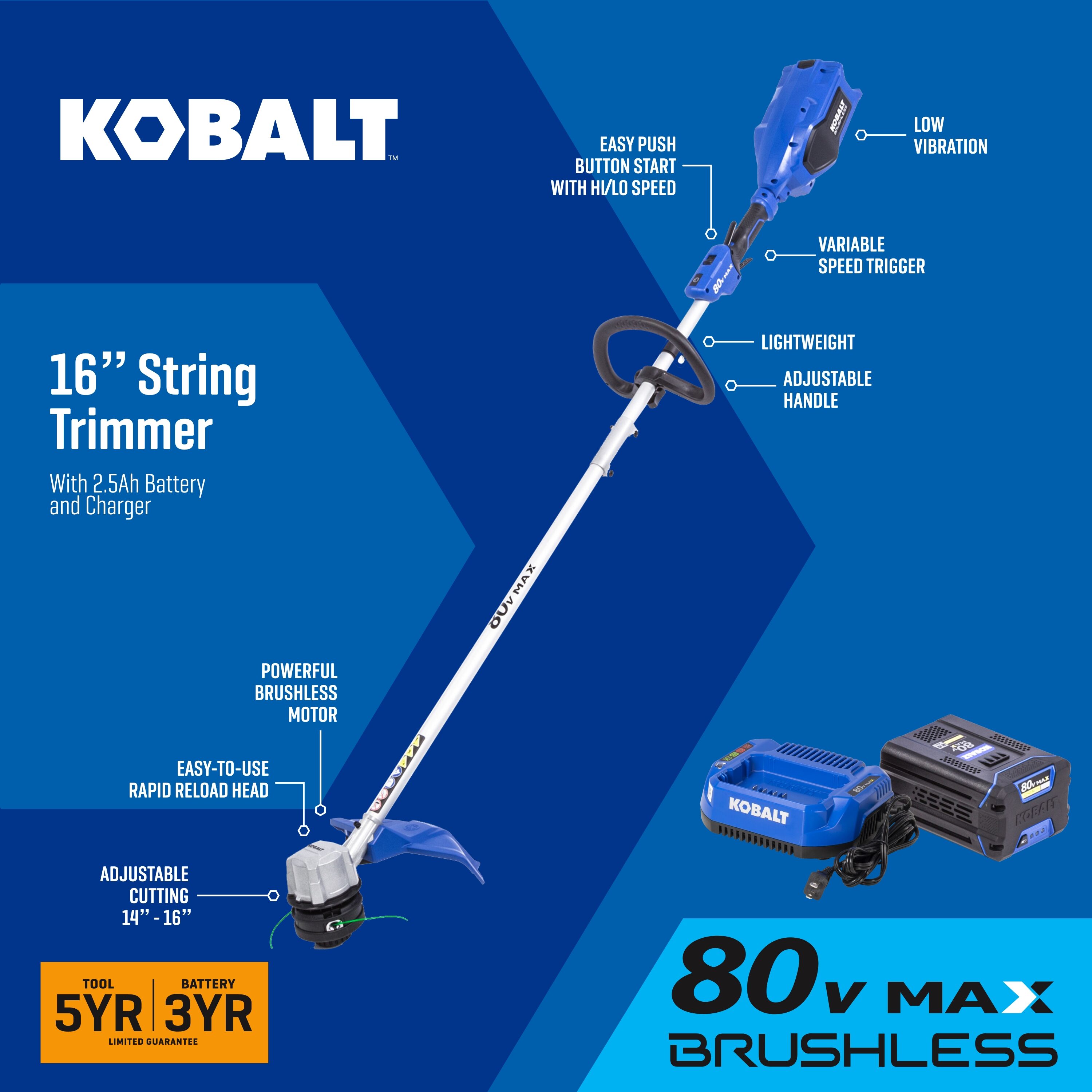 Kobalt 80 volt 16 in Straight Shaft Battery String Trimmer 2.5 Ah Battery and Charger Included in the String Trimmers department at Lowes