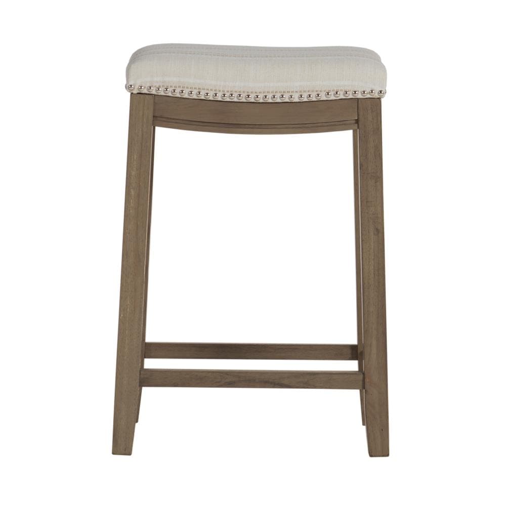 Natural Wood Backless Saddle Counter Stool with Striped Linen Seat