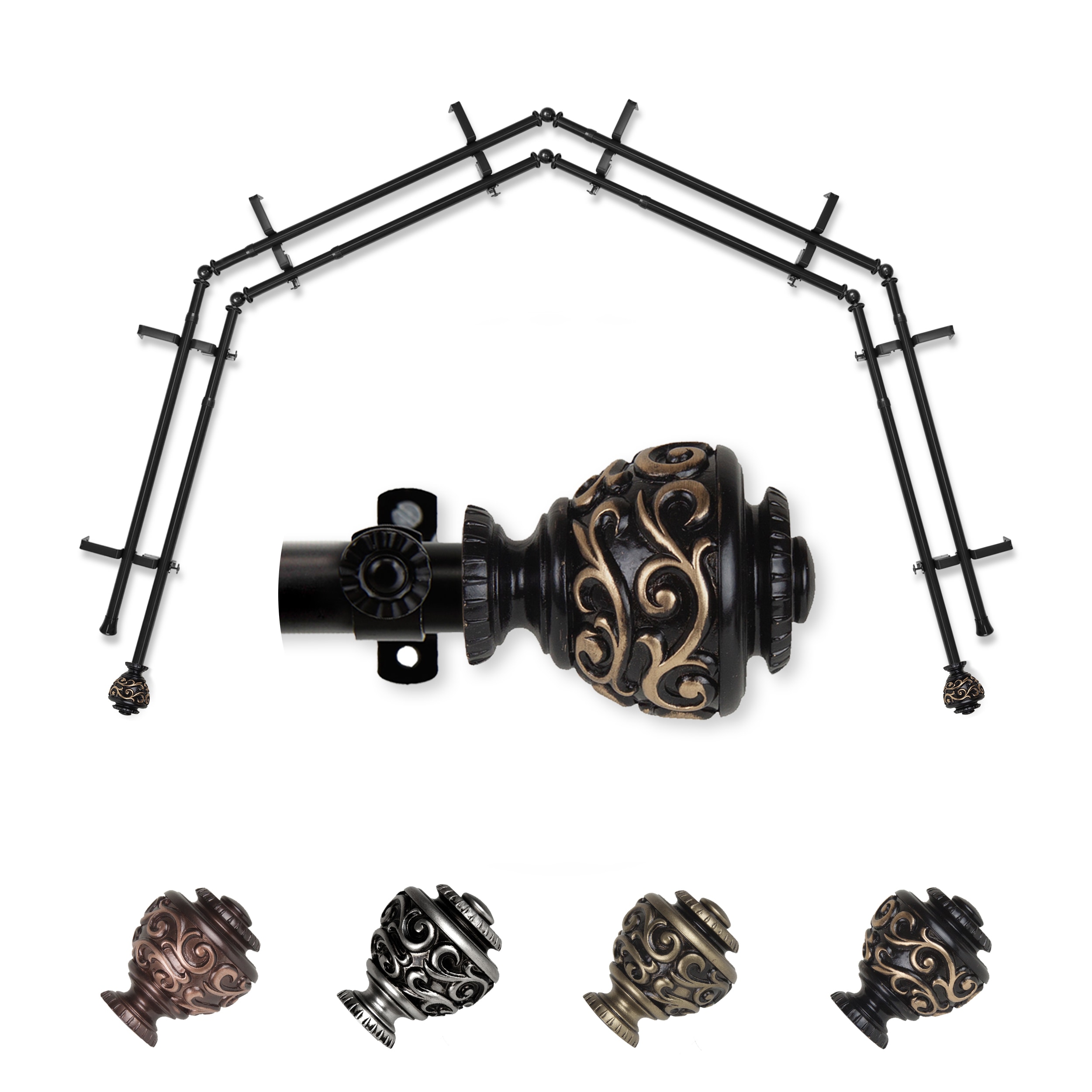 Hart & Harlow L-4BAY-89-2D Gianna 4-Sided Double Bay Black Steel Bay window curtain rod with Finials