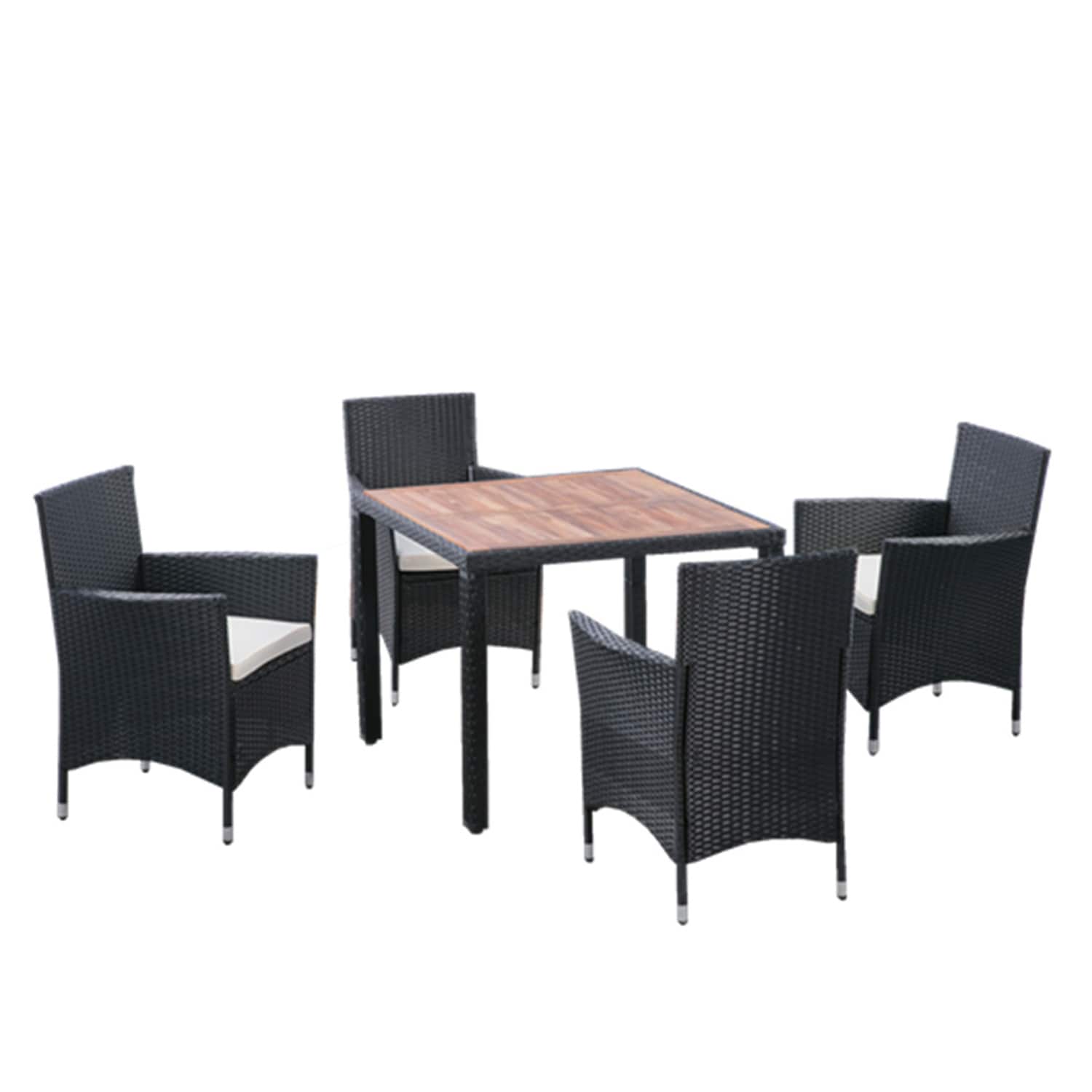 SINOFURN SYA710027BG 5 -Piece Black Wicker Patio Dining Set Wicker Square Table with 4 Off-white Cushions Stationary Chairs