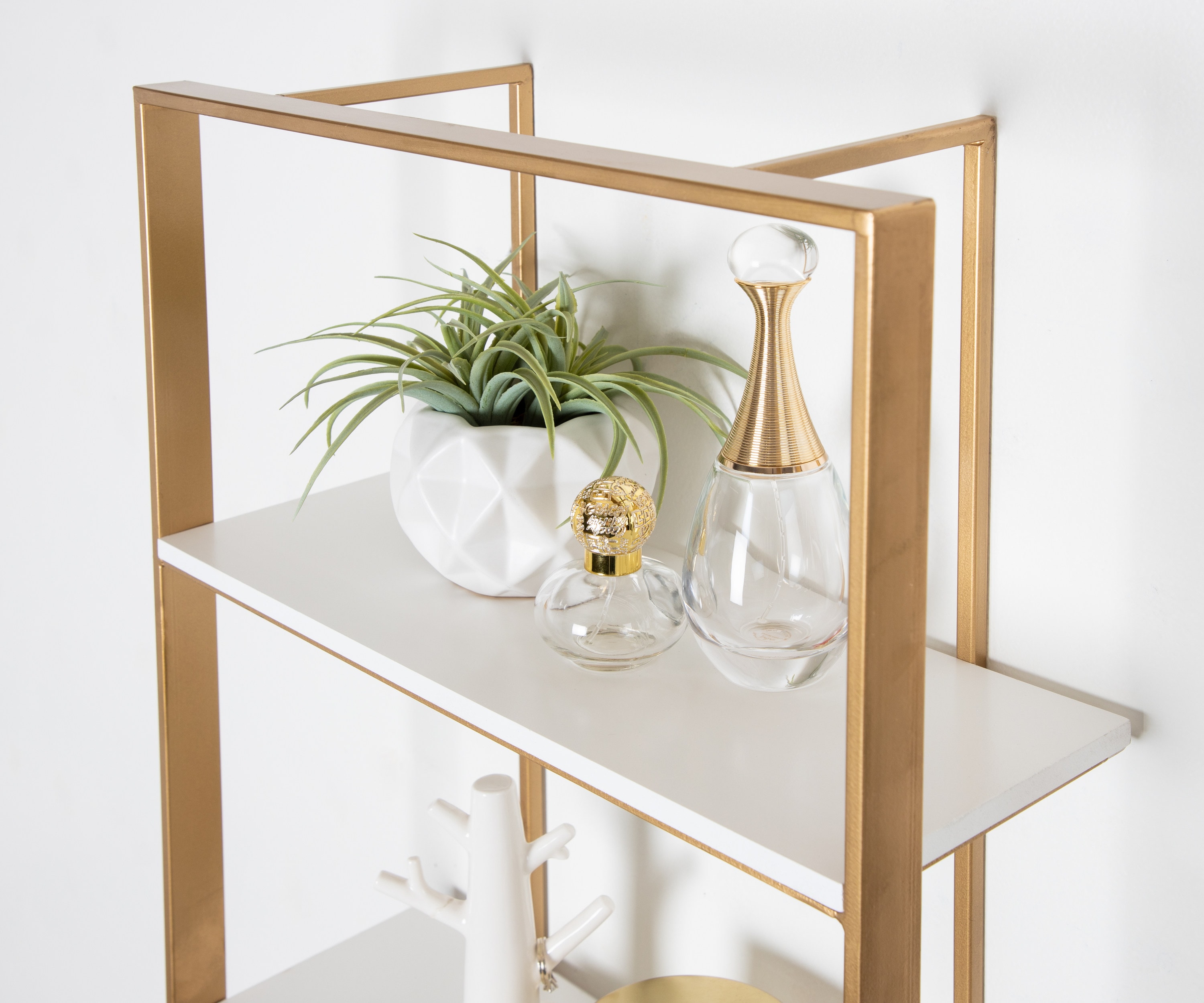 White and Gold Floating Wood Wall Shelf, 32 Inch