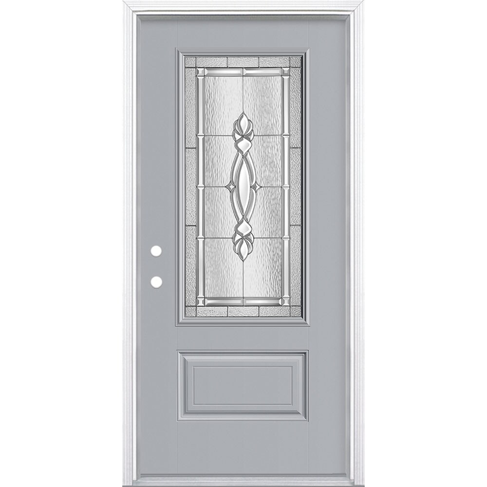 Masonite 3421878 Panama 36-in x 80-in x 4-9/16-in Fiberglass 3/4 lite Right-hand inswing Infinity Gray Painted Prehung Single door Front Door with Brickmould Insulating core Decorative glass