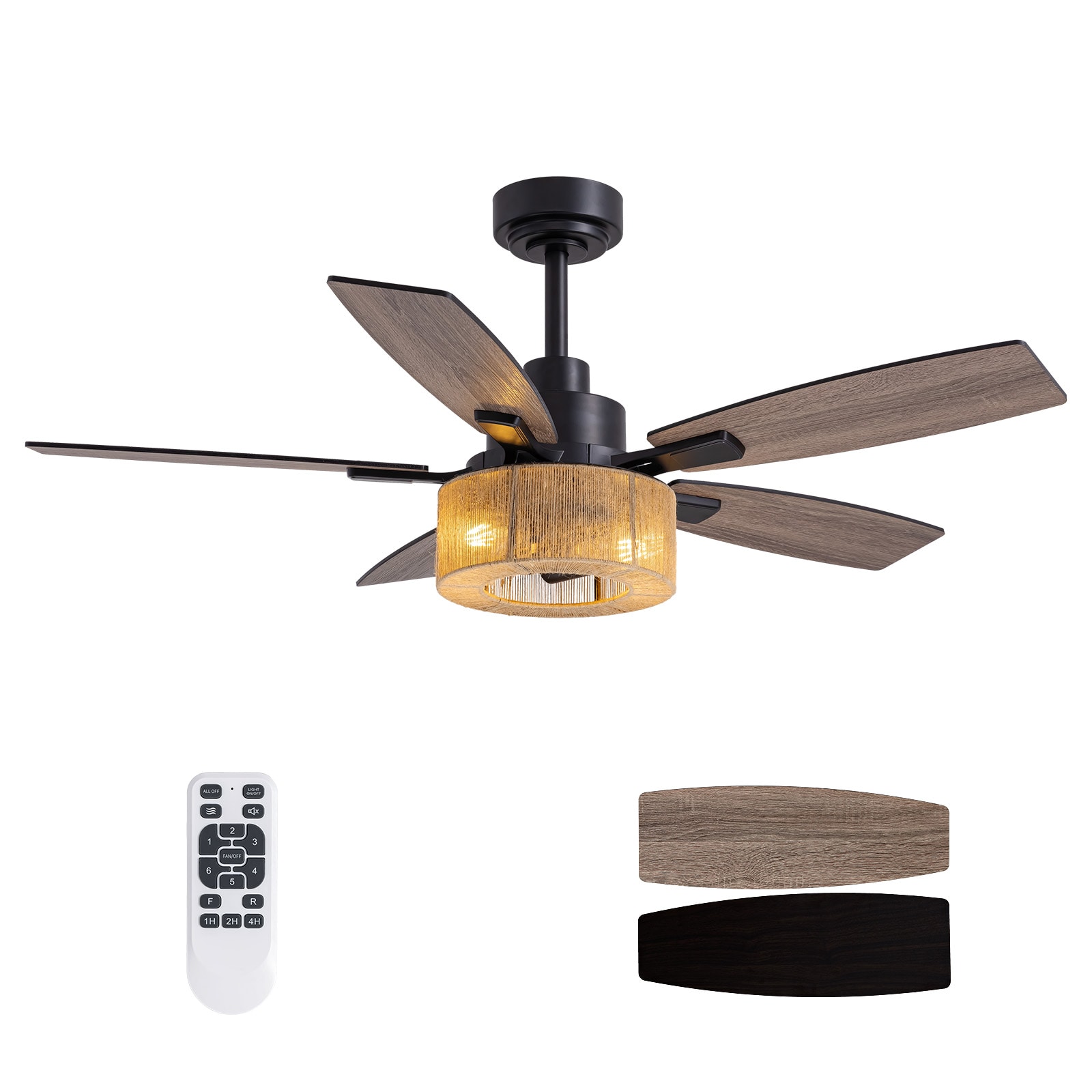 SILJOY FS-8917D-46-01 46-in Boho Black Hemp Ceiling Fan with Light and Remote Control Include(Bulb not include)