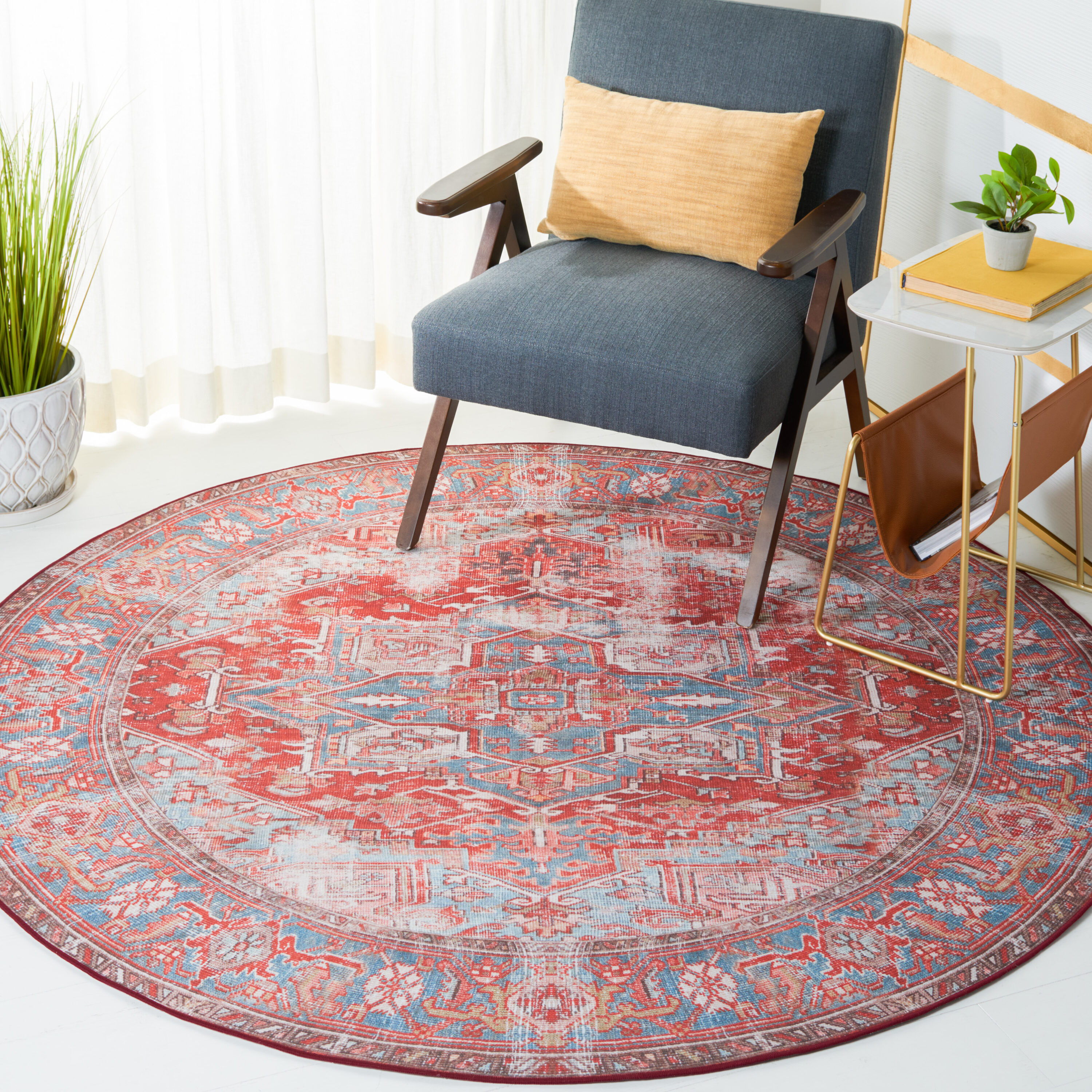 Safavieh TSN167P-6R Tucson 6 x 6 (ft) Loomed Polyester Rust/Blue Round Indoor Border Machine washable Area rug