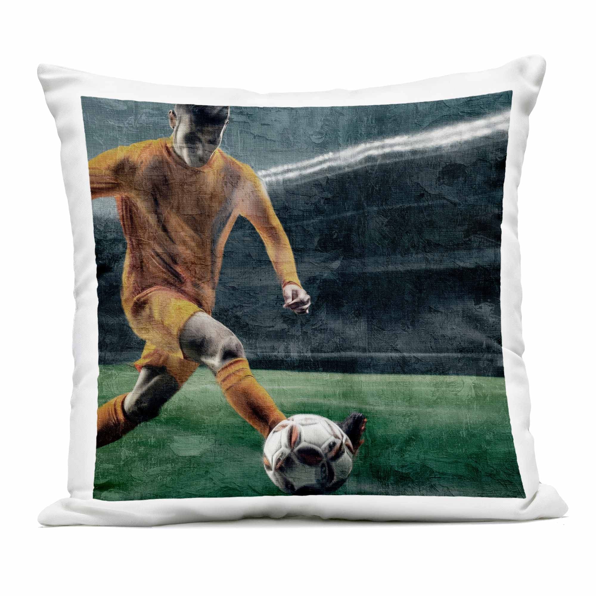 Stupell Industries PLQ-872-OSQ-18X18 Soccer Kick In Action Outdoor Printed Pillow design by Kim Allen 18 x 18