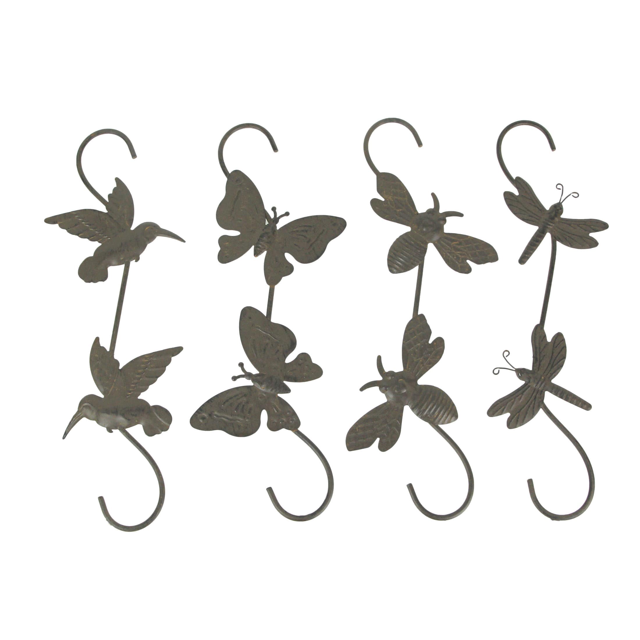 Mayrich Company MRC-52192-SET Set of 4 Rustic Metal Hook Plant Hangers Hummingbird - Bee - Butterfly - Dragonfly