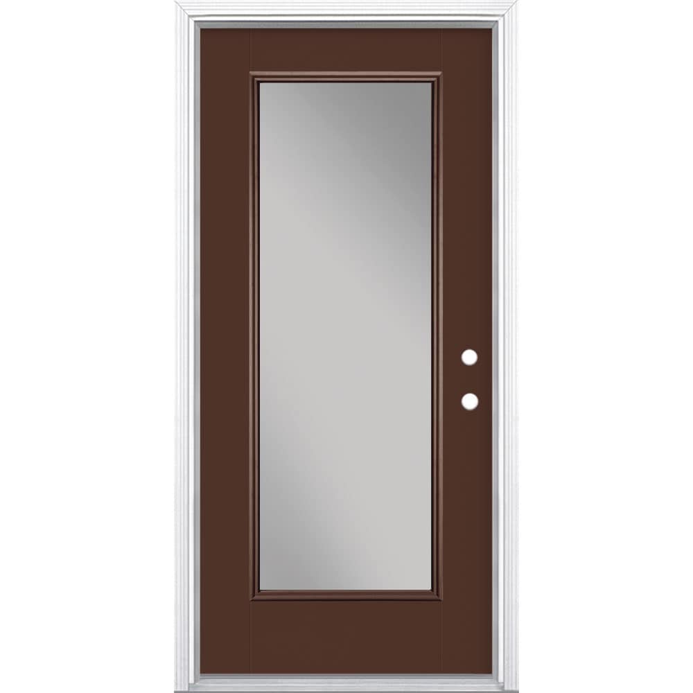Masonite 1218693 36-in x 80-in x 4-9/16-in Fiberglass Full lite Left-hand inswing Chocolate Painted Prehung Front Door with Brickmould Insulating core