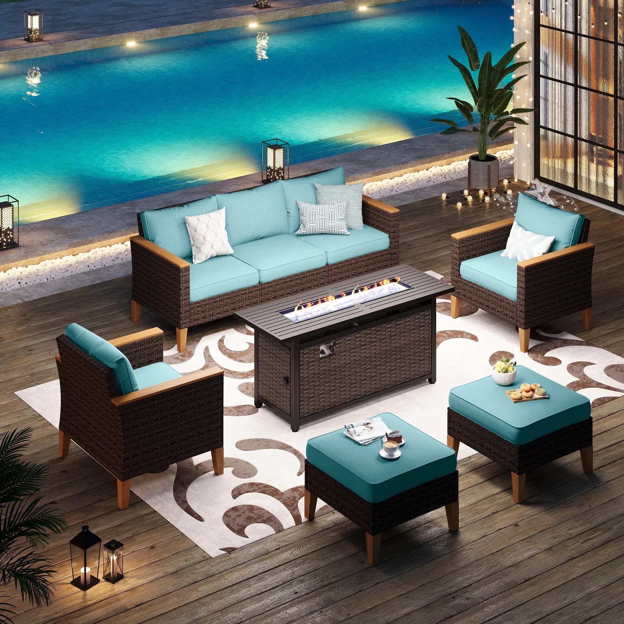 Sunshine Valley CR006-01-7-GS103-BU Patio Furniture Set with Fire Pit 8 -Piece Wicker Patio Conversation Set with Blue CUSHION PRO Cushions