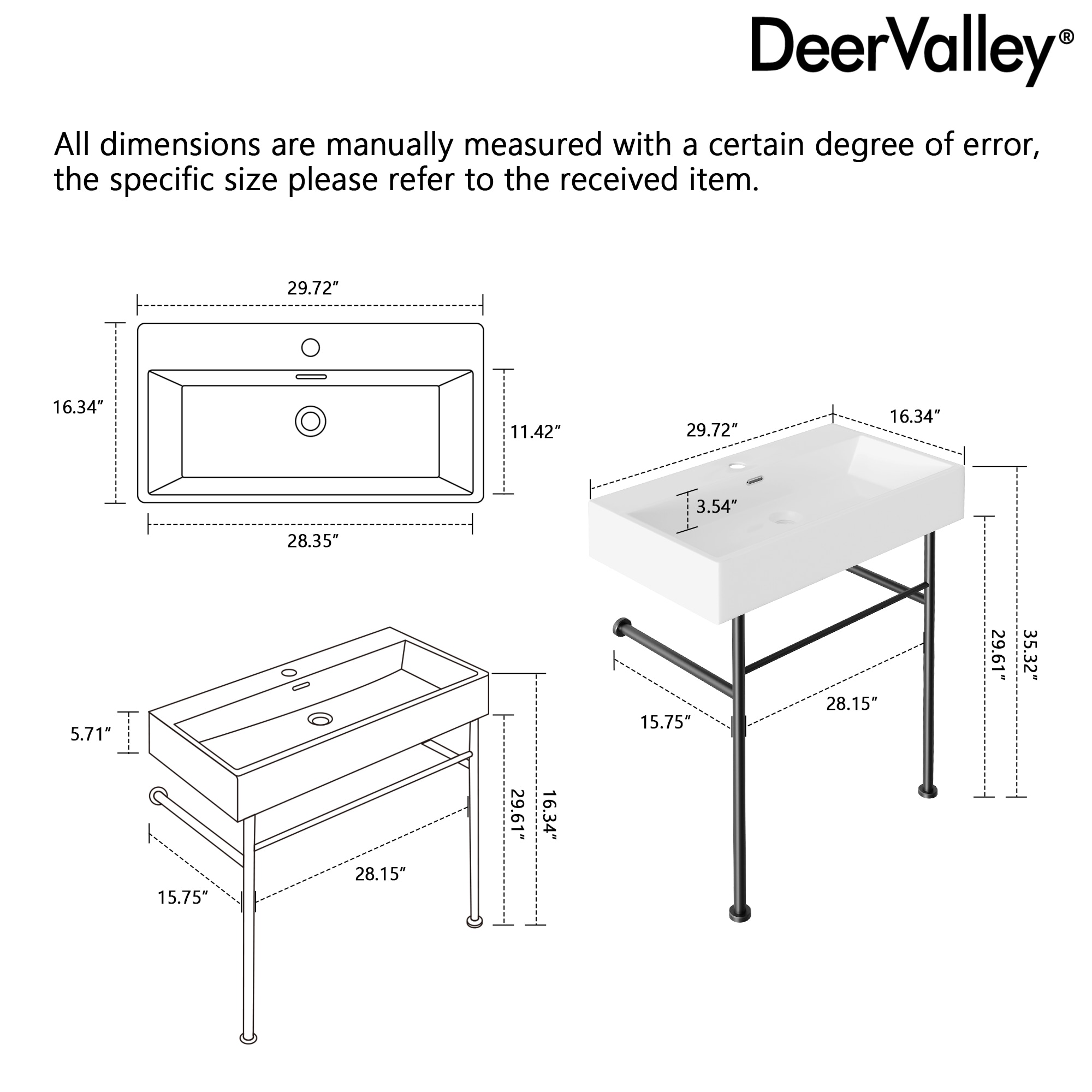 30" White Ceramic Console Sink with Black Stainless Steel Legs