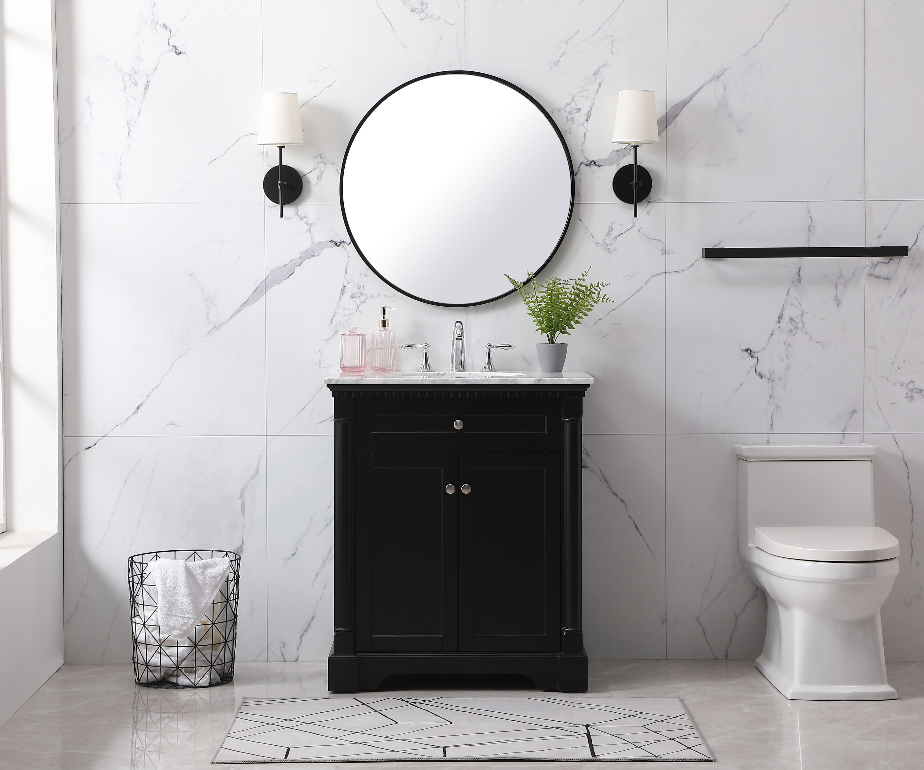 Clarence 30" Black Solid Wood and Metal Bathroom Vanity with Marble Top
