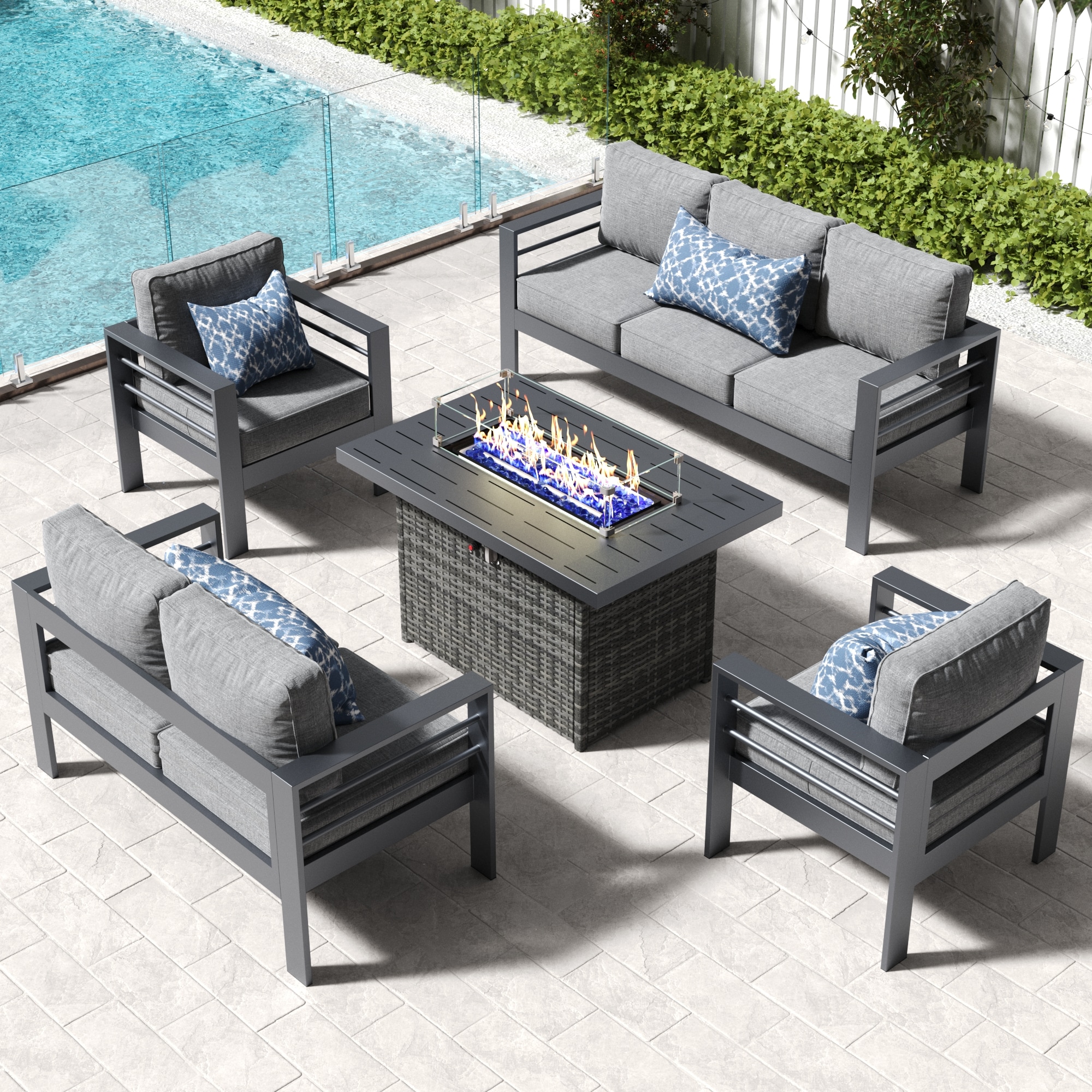 LayinSun FP5001-GA-5001 5 -Piece Outdoor Aluminum Patio Conversation Set with Fire Pit and Dark Gray Cushions