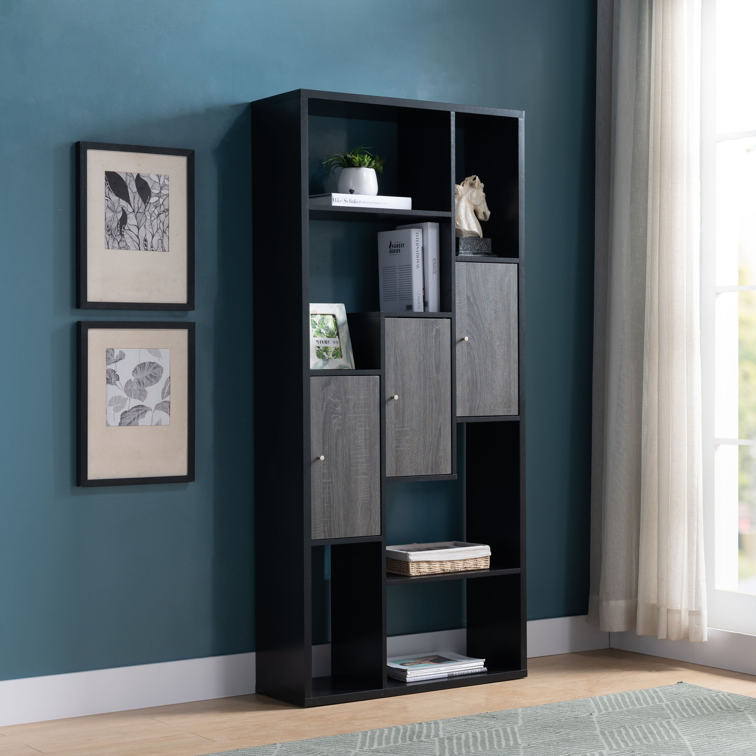 FC Design ID90213041 Black and Distressed Gray Mdf 7-Shelf Bookcase with Doors (31-in W x 69-in H x 11-in D)