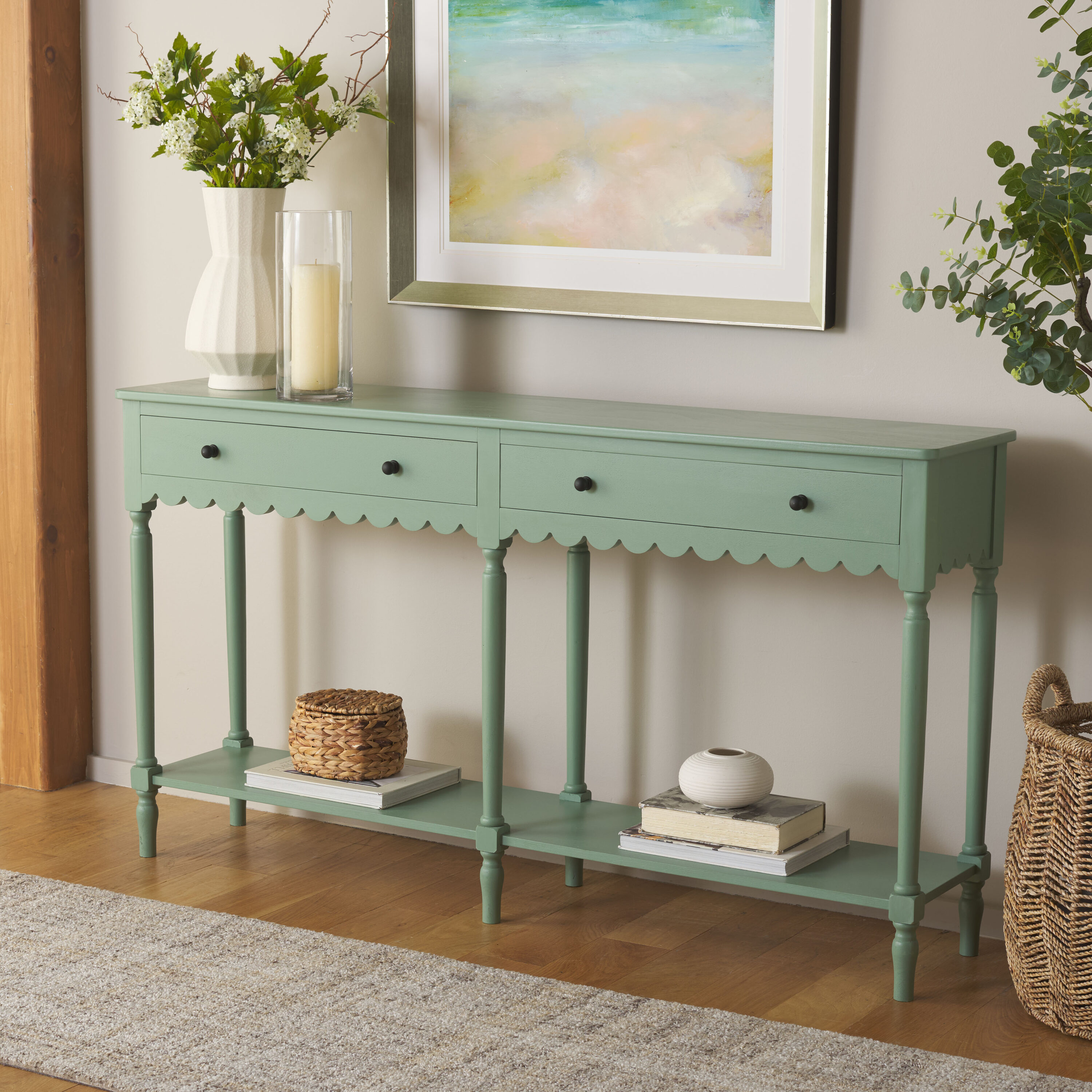 Safavieh CNS5739D Modern Wood Green Pine 58.3-in W x 31.9-in H Console table with Drawers