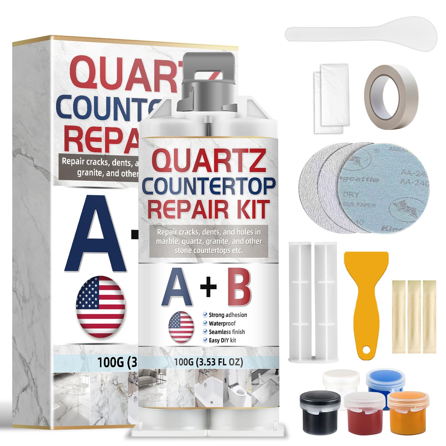 KIWDZFU  Quartz Countertop Repair Kit Strong Bond Seamless Fix Marble Granite Porcelain Tile Sink Crack Chip Scratch Hole Repair 100g