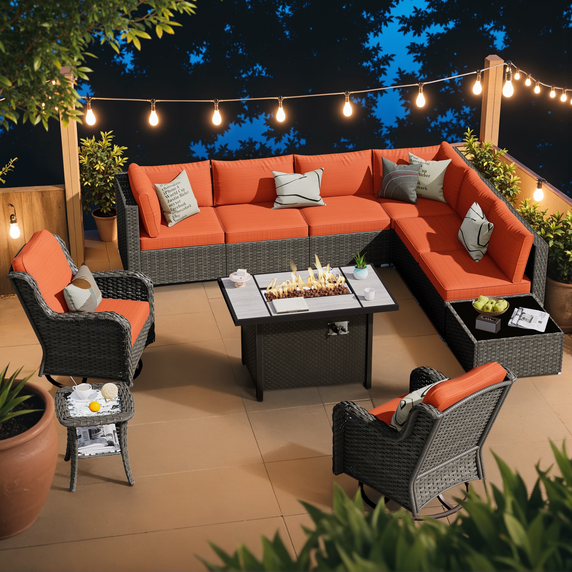 XIZZI XIHOP80L6CFP-IFP Sunrise Rattan Outdoor Sectional with Orange Cushions and Steel Frame