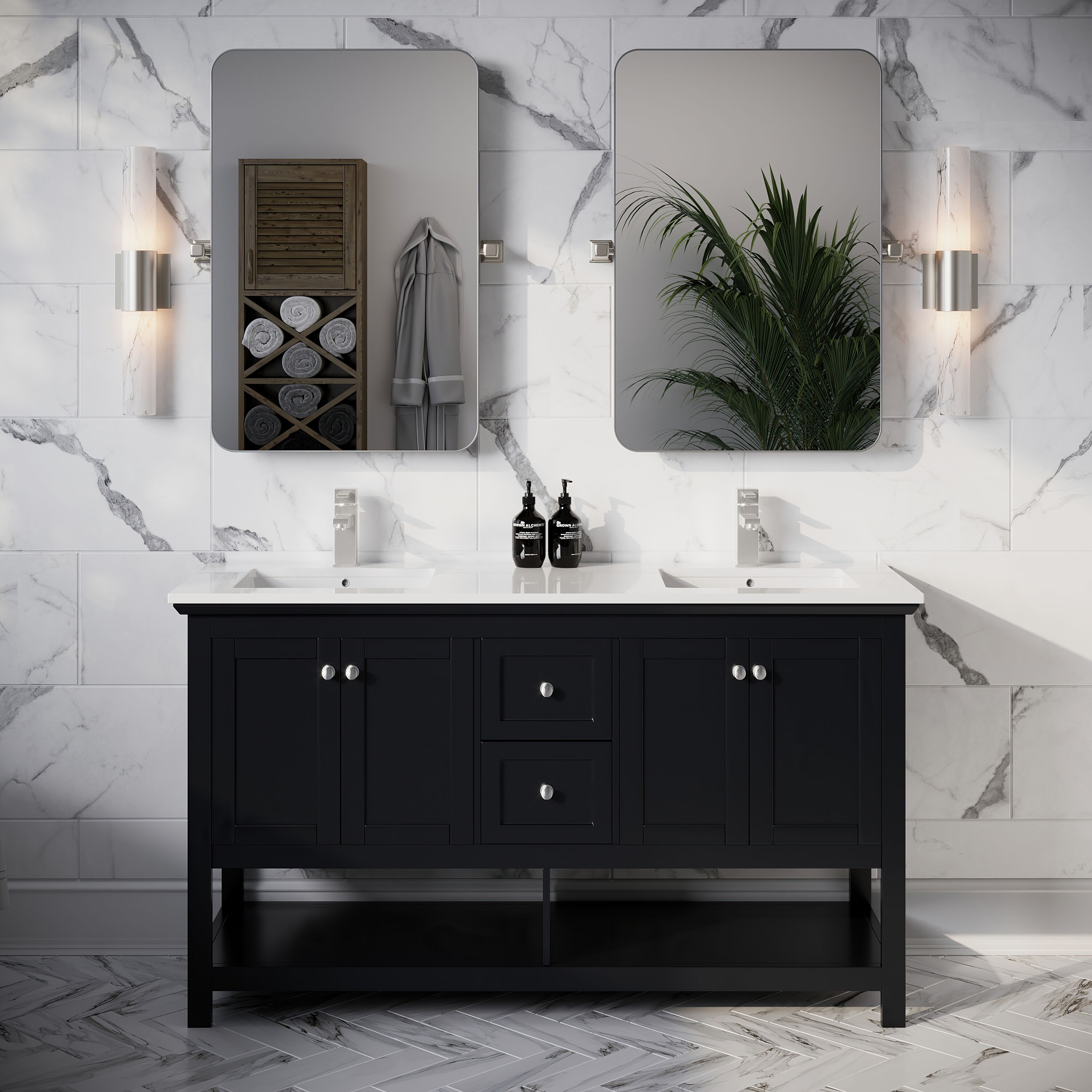 Fresca FCB2360BL-D-CWH-U Manchester 60-in Black Undermount Double sink Bathroom Vanity with White Quartz Top