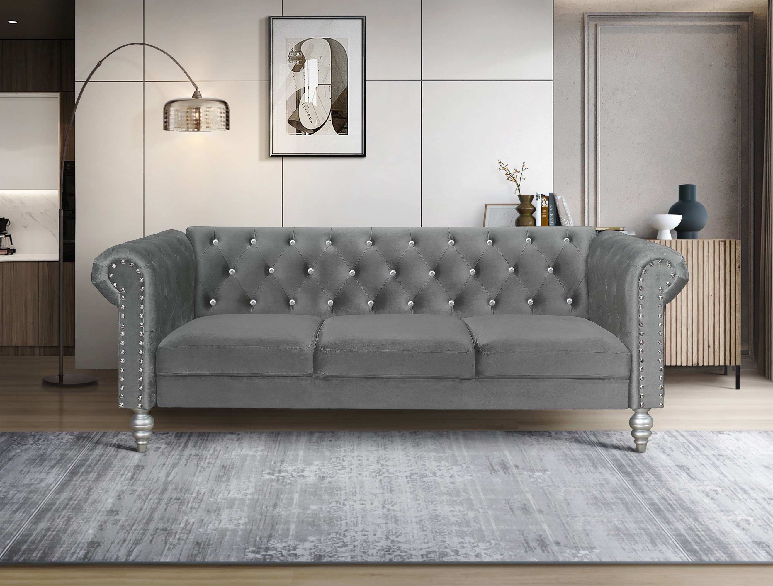 Home Design 30026-311 Emma 83.3-Inches Vintage Dark Gray Velvet 3 -seater Sofa