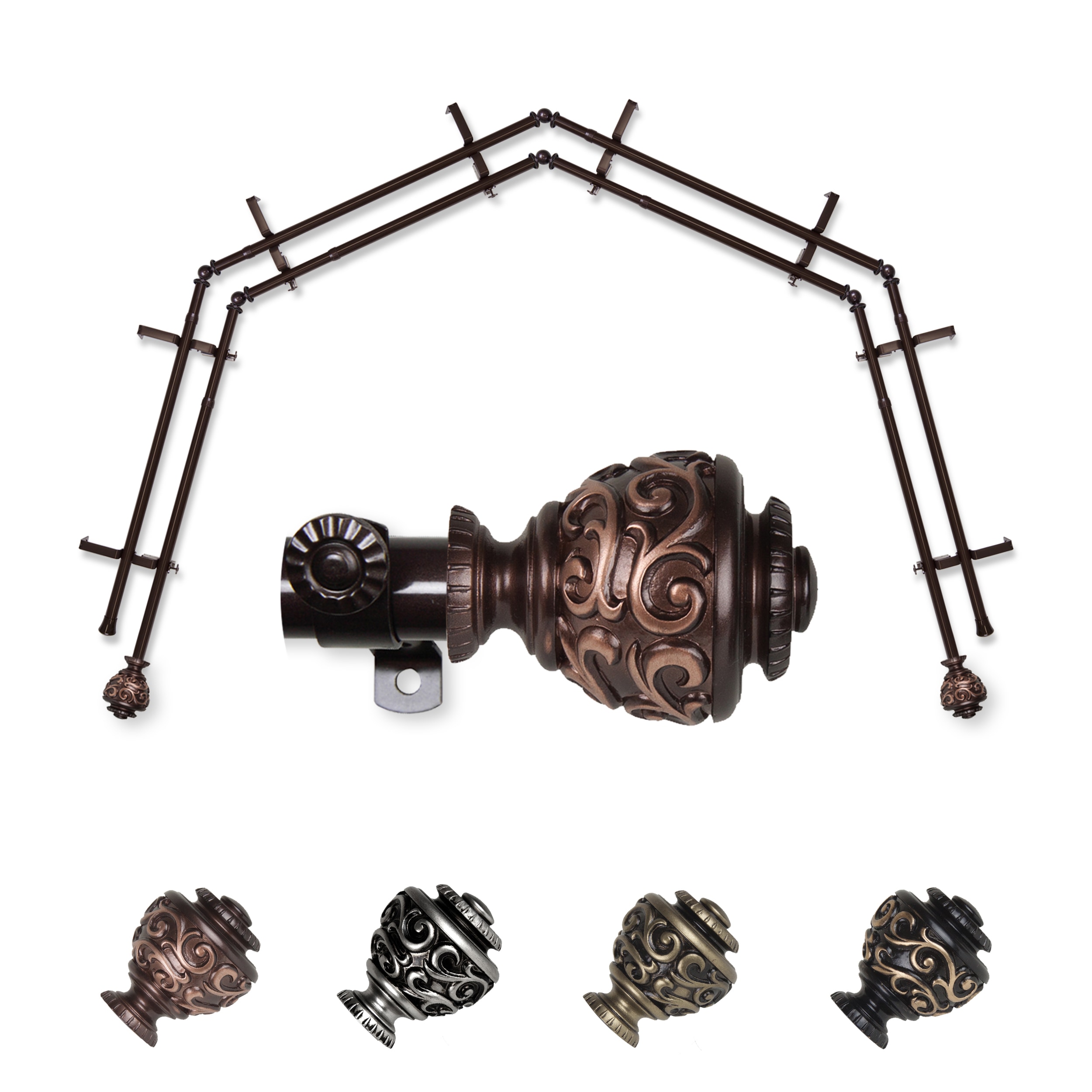 Hart & Harlow L-4BAY-89-7D Gianna 4-Sided Double Bay Cocoa Steel Bay window curtain rod with Finials