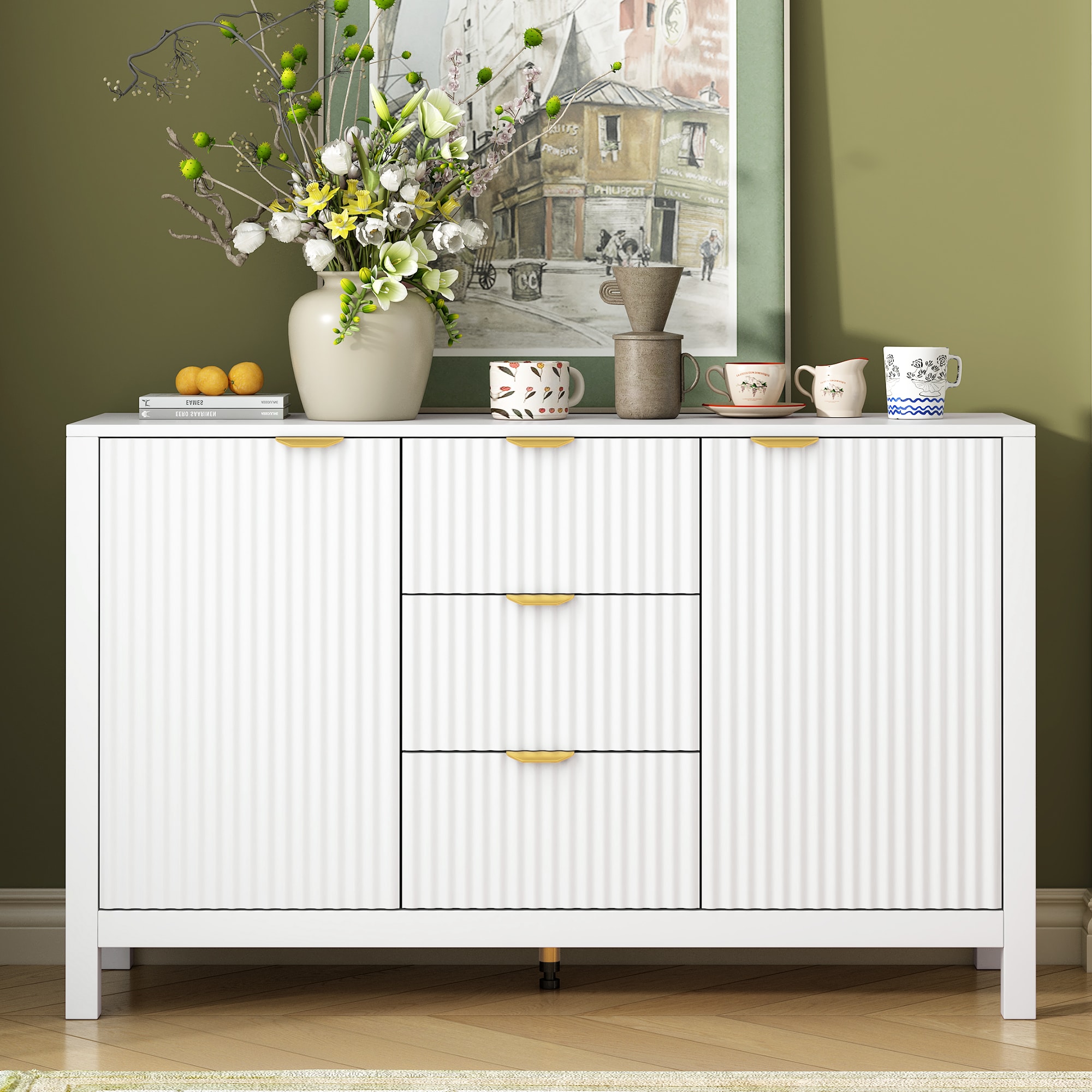 Vynxaria 47.2-in W x 28.3-in H x 15.3-in D White Buffet Sideboard Cabinet with Adjustable Shelves and 3 Drawers and Fluted Doors