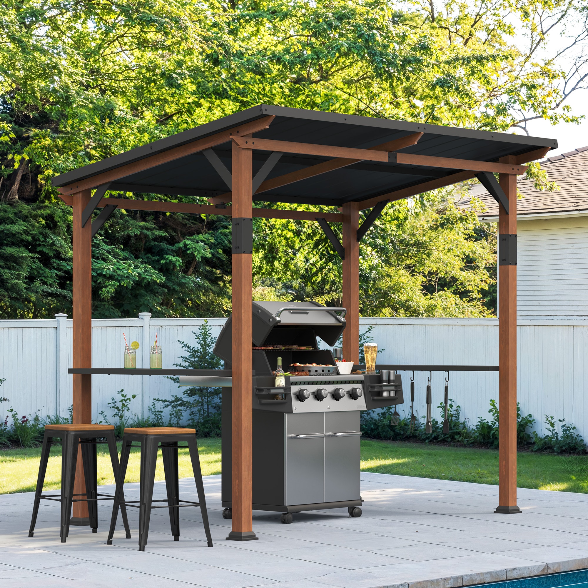 Yurevna QDL-BR-4 9.1-ft x 4.7-ft Brown Grill Gazebo with Hardtop Roof (Screen Included)