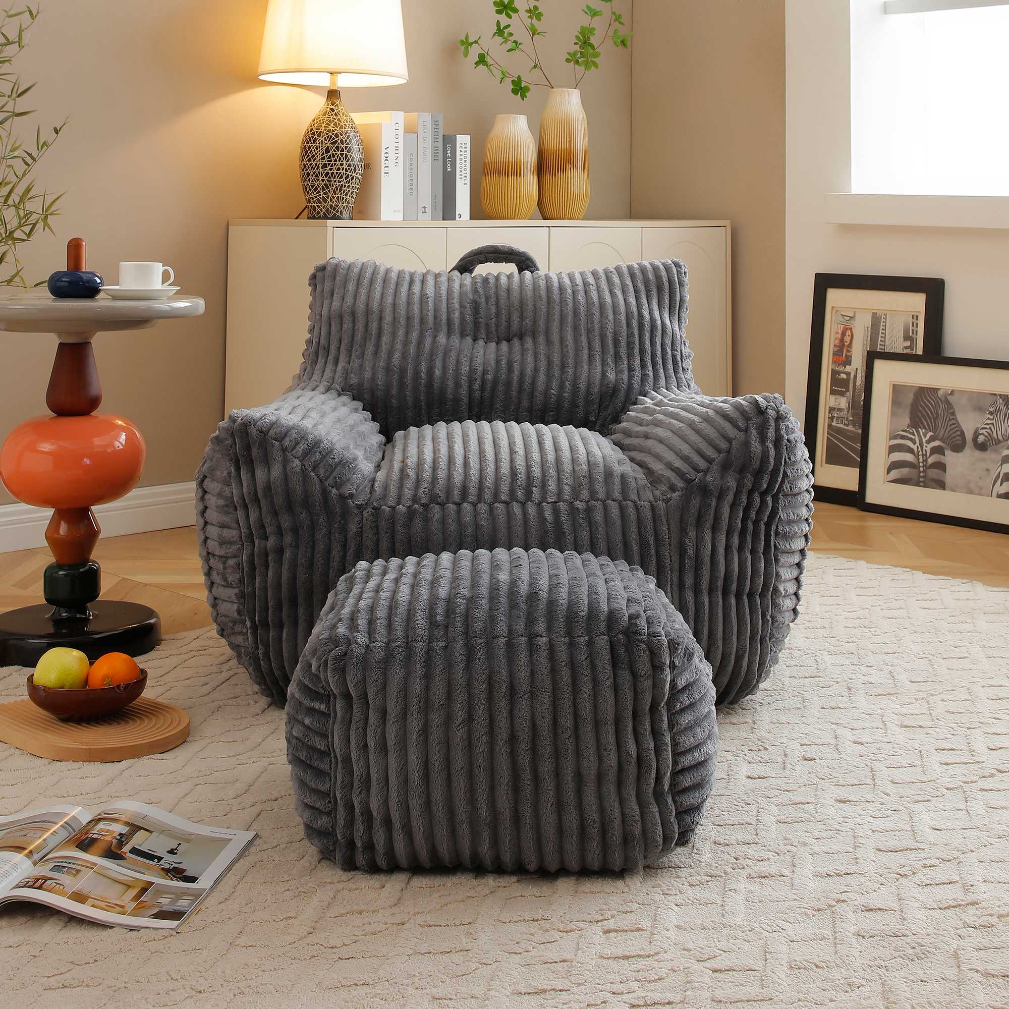 Vynxaria - Giant Plush Bean Bag Chair for Adults with Armrests and Footstool Comfy Gray Chaise L...