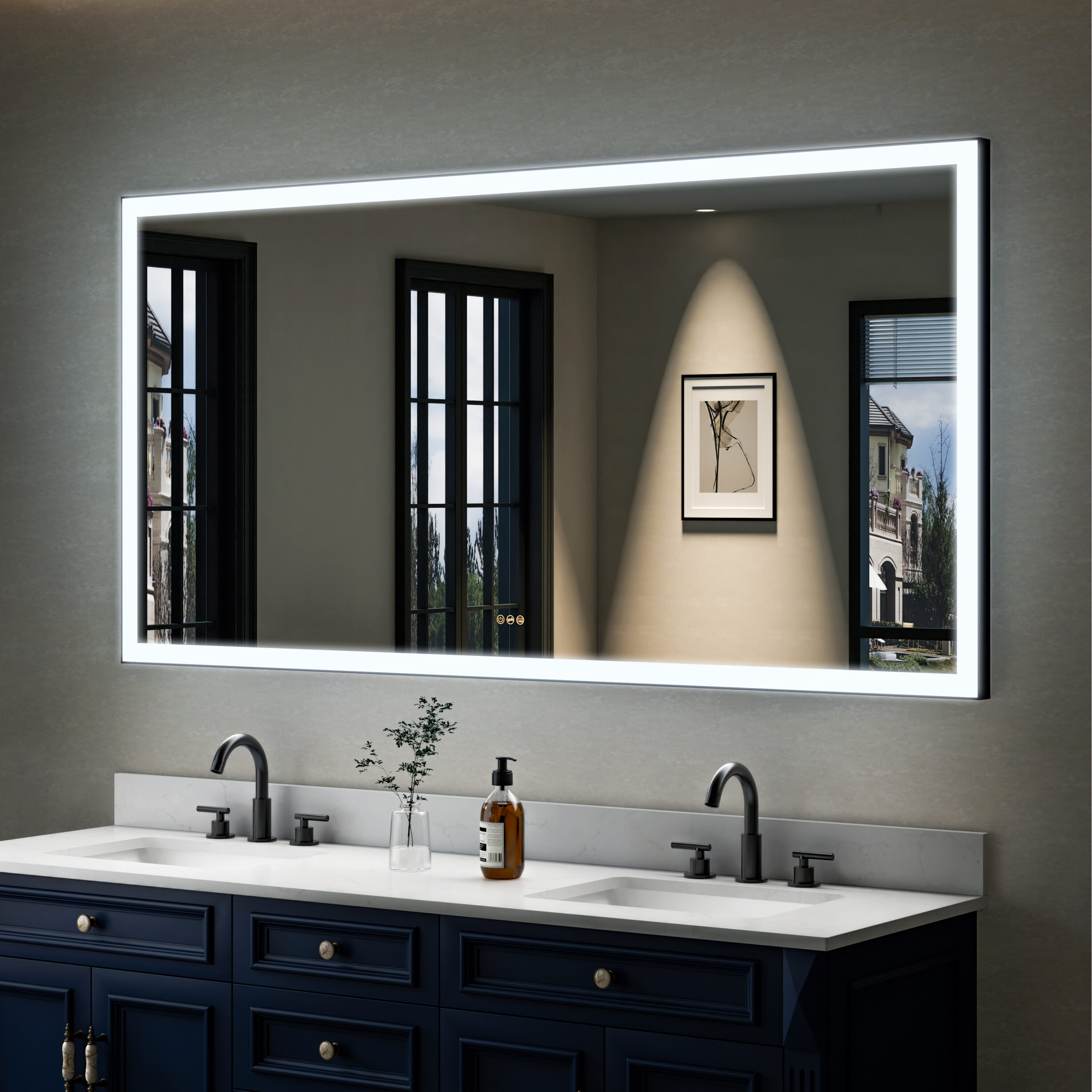 WELLFOR W5FM7236MB RECA Large LED Mirror 72-in x 36-in Framed Rectangle Dimmable LED Lighted Fog Free Bathroom Vanity Mirror ( Matte Black )