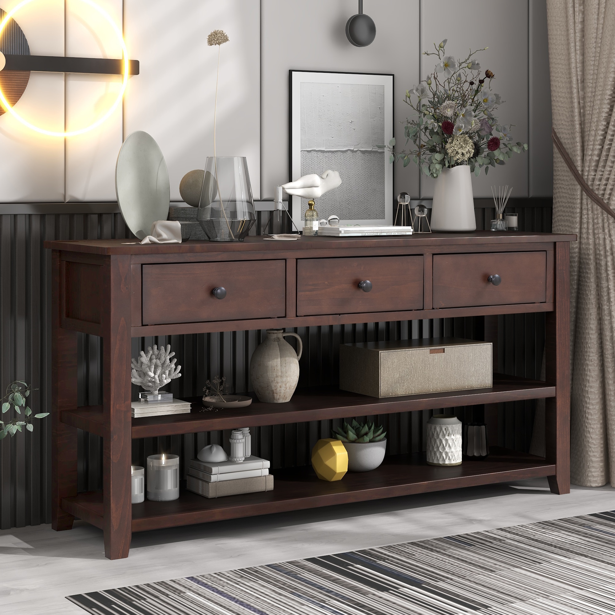 ModernLuxe WF199598AAP Retro Design Console Table with Two Open Shelves Pine Solid Wood Frame and Legs for Living Room Espresso
