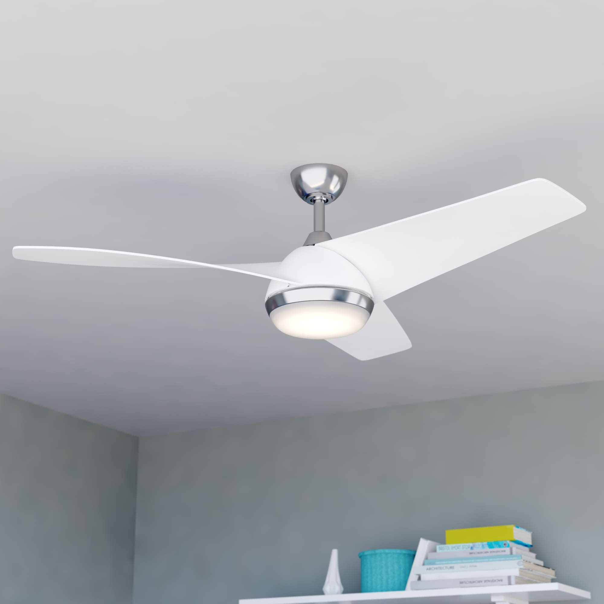 Cascadia F0091 Odell 52-Inches Brushed Nickel and Matte White with Matte White Blades Color-Changing Integrated LED Fixture Indoor Downrod mount Propeller Ceiling Fan With Light and Remote ( 3 -Blade)