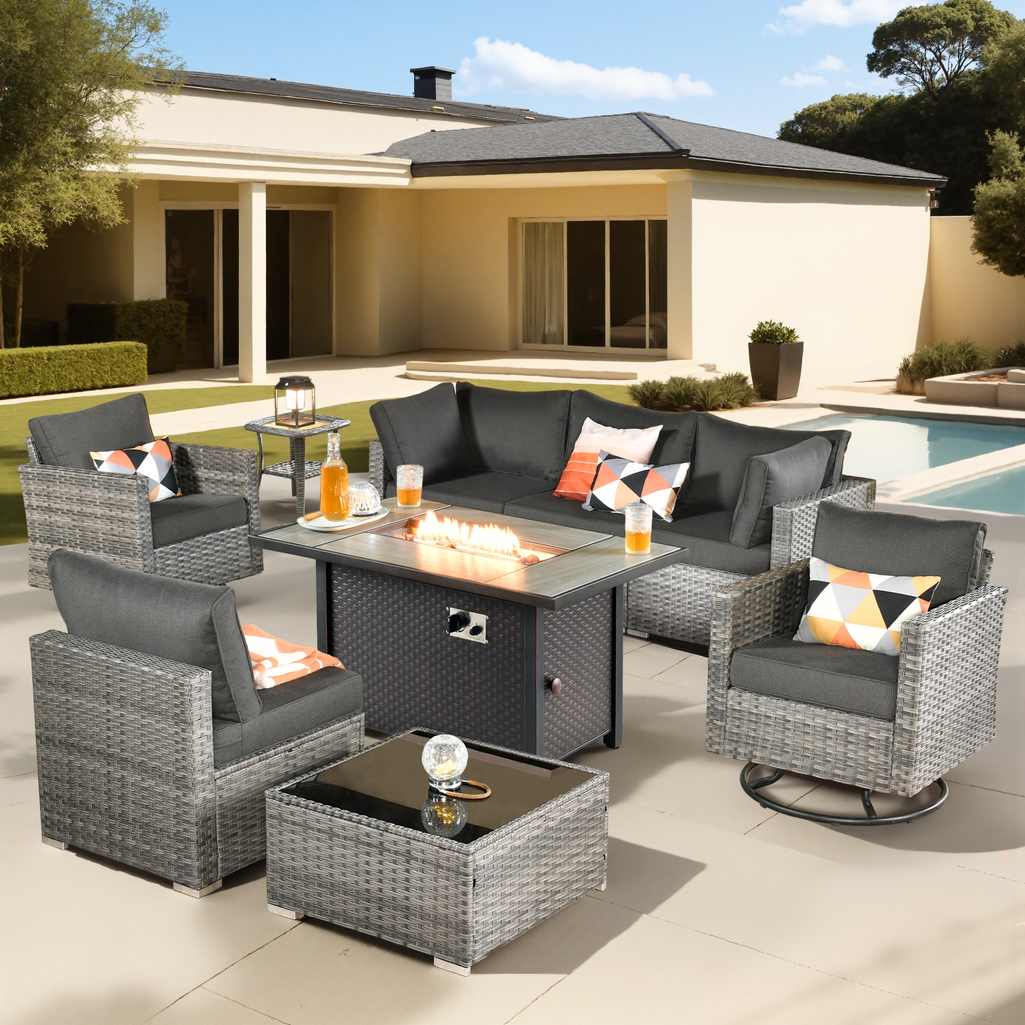 Pouuin SCFPHOP109 7 -Piece Wicker Patio Sofa Conversation Set with Black Cushions