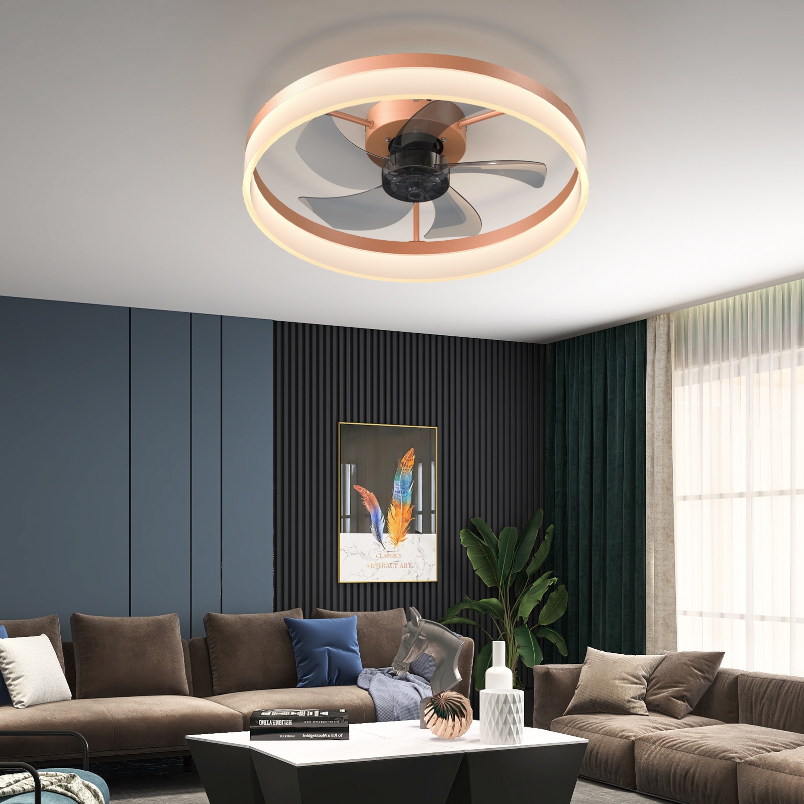 WELLFOR AMYUA-05 20-in Color-Changing Integrated LED Flush Mount Smart Rose Gold with Fandelier Ceiling Fan With Light - Remote Included ( 5 -Blade )