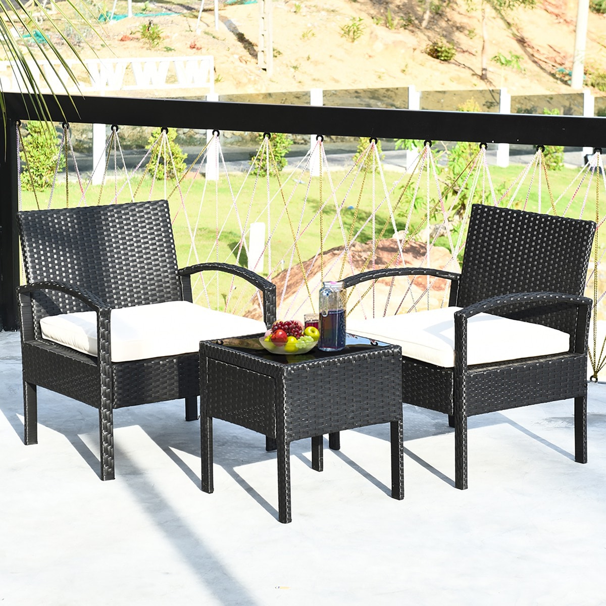Costway HW53509 3PCS Patio Rattan Furniture Set Table and Chairs Set with Cushions Outdoor