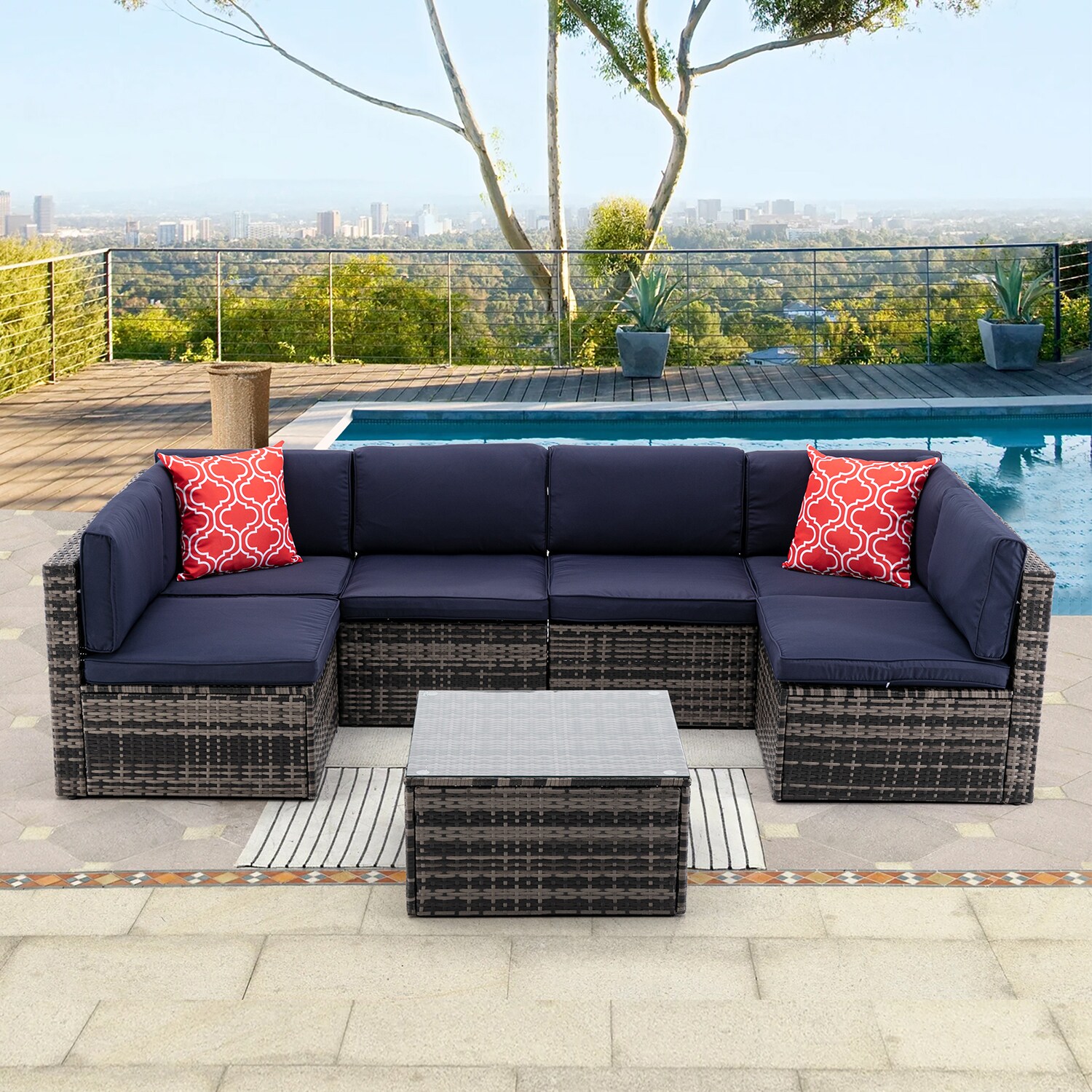 SINOFURN Rattan Outdoor Sectional with Blue Cushion(S) and Rattan Frame ...