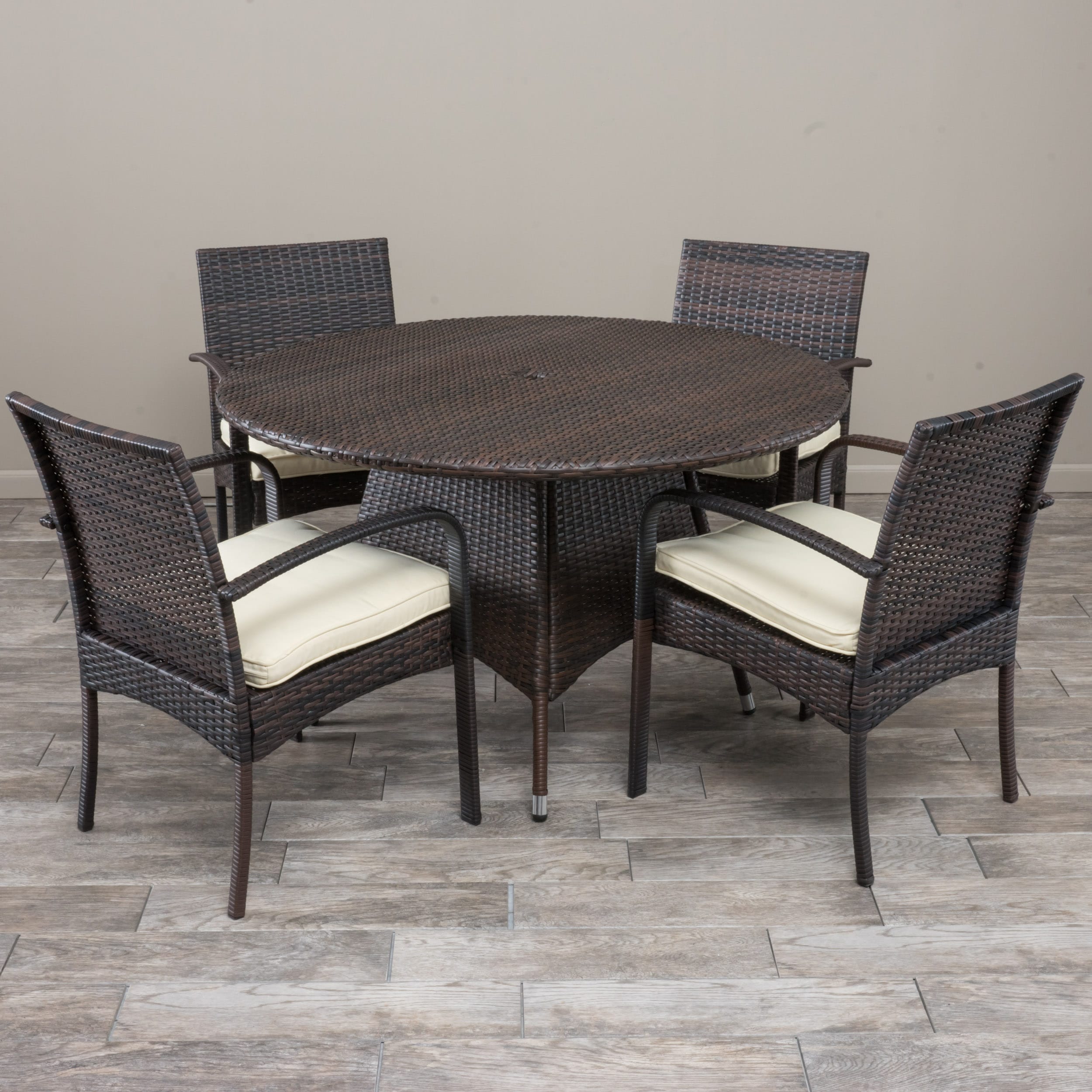 5-Piece Brown Wicker Patio Dining Set Wicker Round Table with 4 Off-white Cushions Stationary Chairs | - Best Selling Home Decor 295854