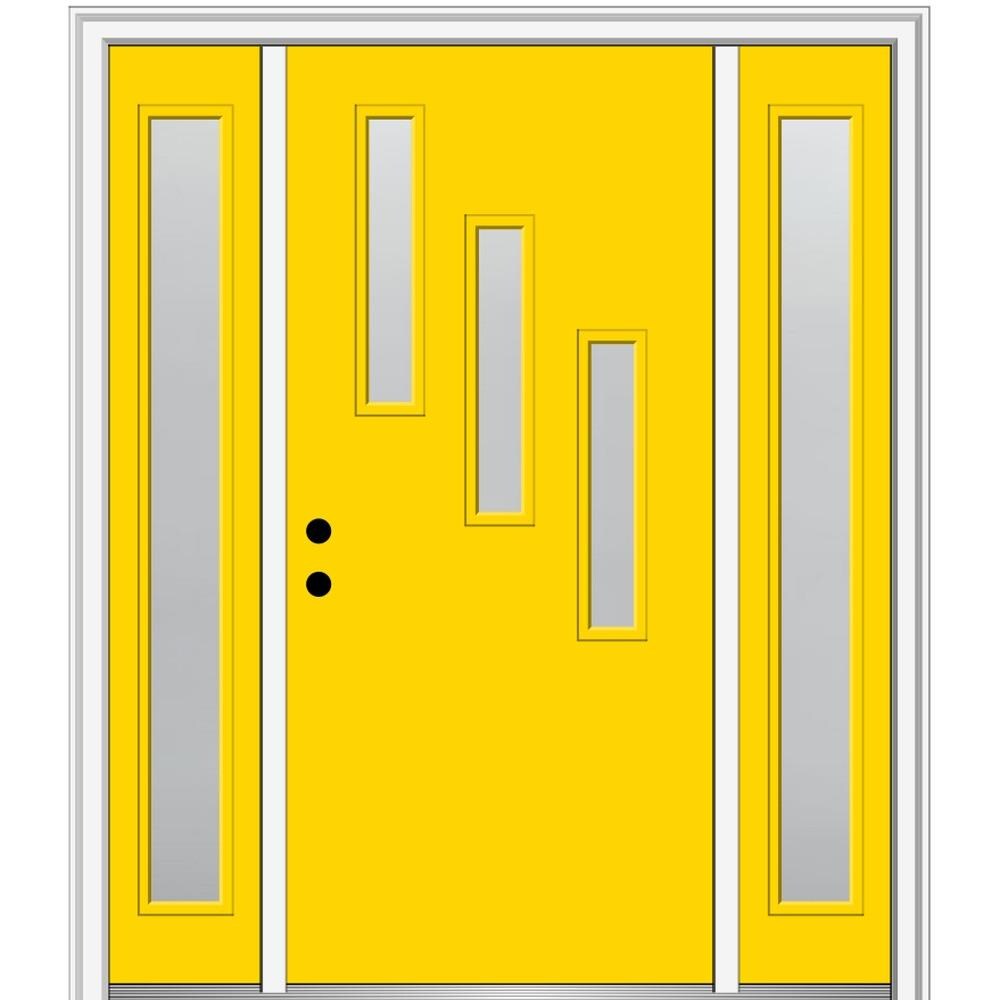 MMI DOOR ZZ348102R Spotlights 60-in x 80-in x 4-9/16-in Fiberglass Pulse lite Right-hand inswing Yellow Flash Painted Prehung Front Door with Sidelights with Brickmould Insulating core