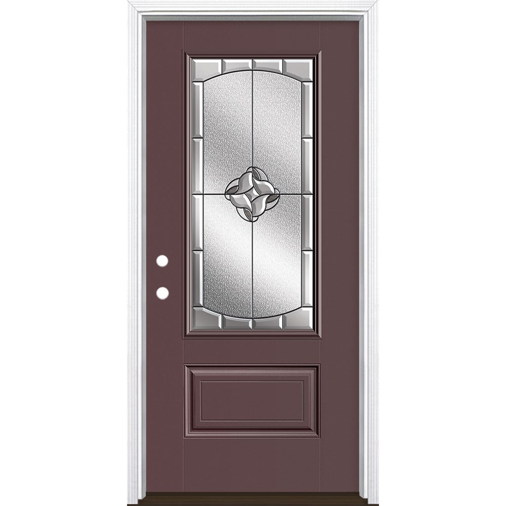 Masonite 3423028 Rozet 36-in x 80-in x 4-9/16-in Fiberglass 3/4 lite Right-hand inswing Currant Painted Prehung Single door Front Door with Brickmould Insulating core Decorative glass
